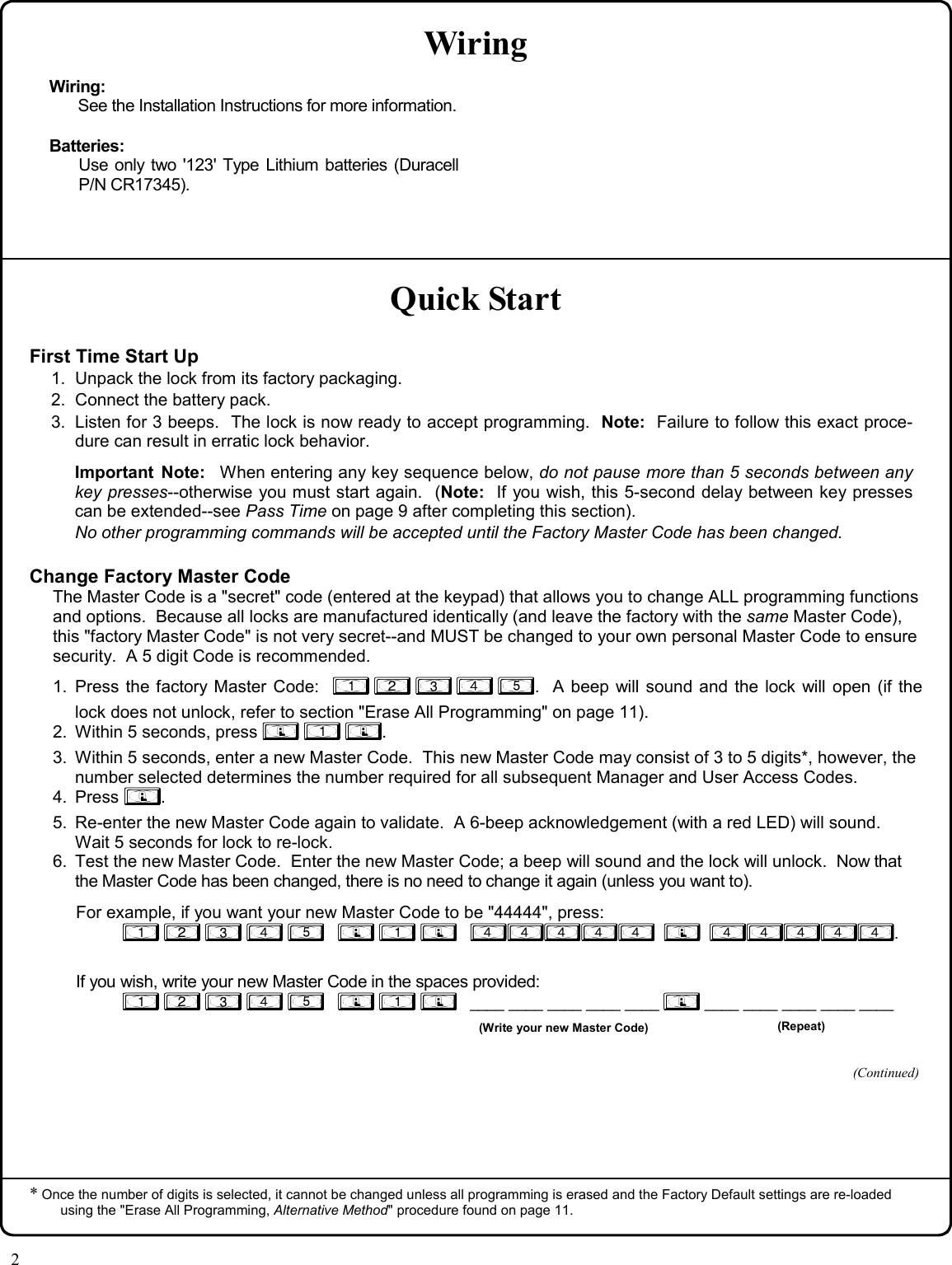 Page 2 of 12 - Alarm Lock DL1200_Narrow_OI310B.02_PROG DL1200 Narrow Stile Programming Instructions OI310B.02 PROG