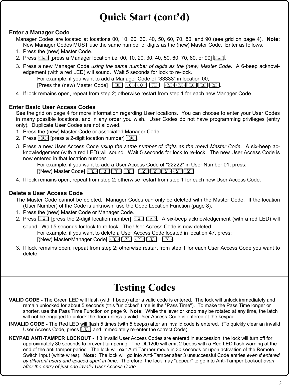 Page 3 of 12 - Alarm Lock DL1200_Narrow_OI310B.02_PROG DL1200 Narrow Stile Programming Instructions OI310B.02 PROG