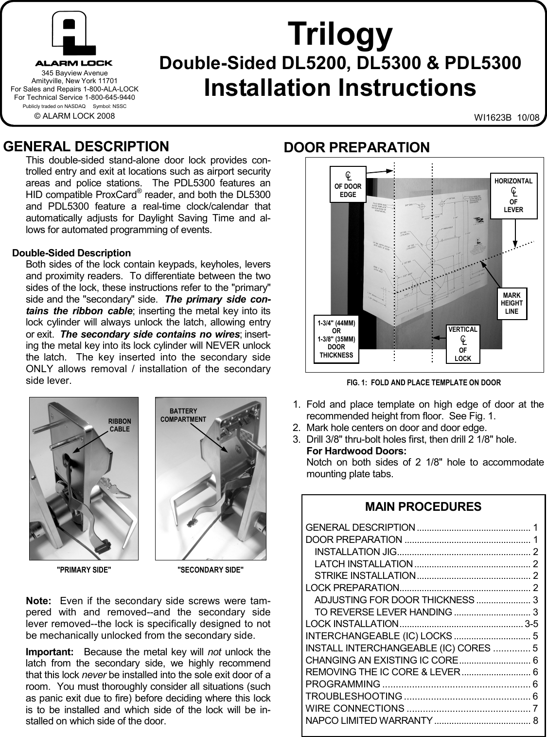 Page 1 of 8 - Alarm Lock DL5200_DL5300_PDL5300_WI1623B.03_INST DL5200, DL5300, PDL5300 Double-Sided Installation Instructions DL5200 DL5300 WI1623B.03 INST