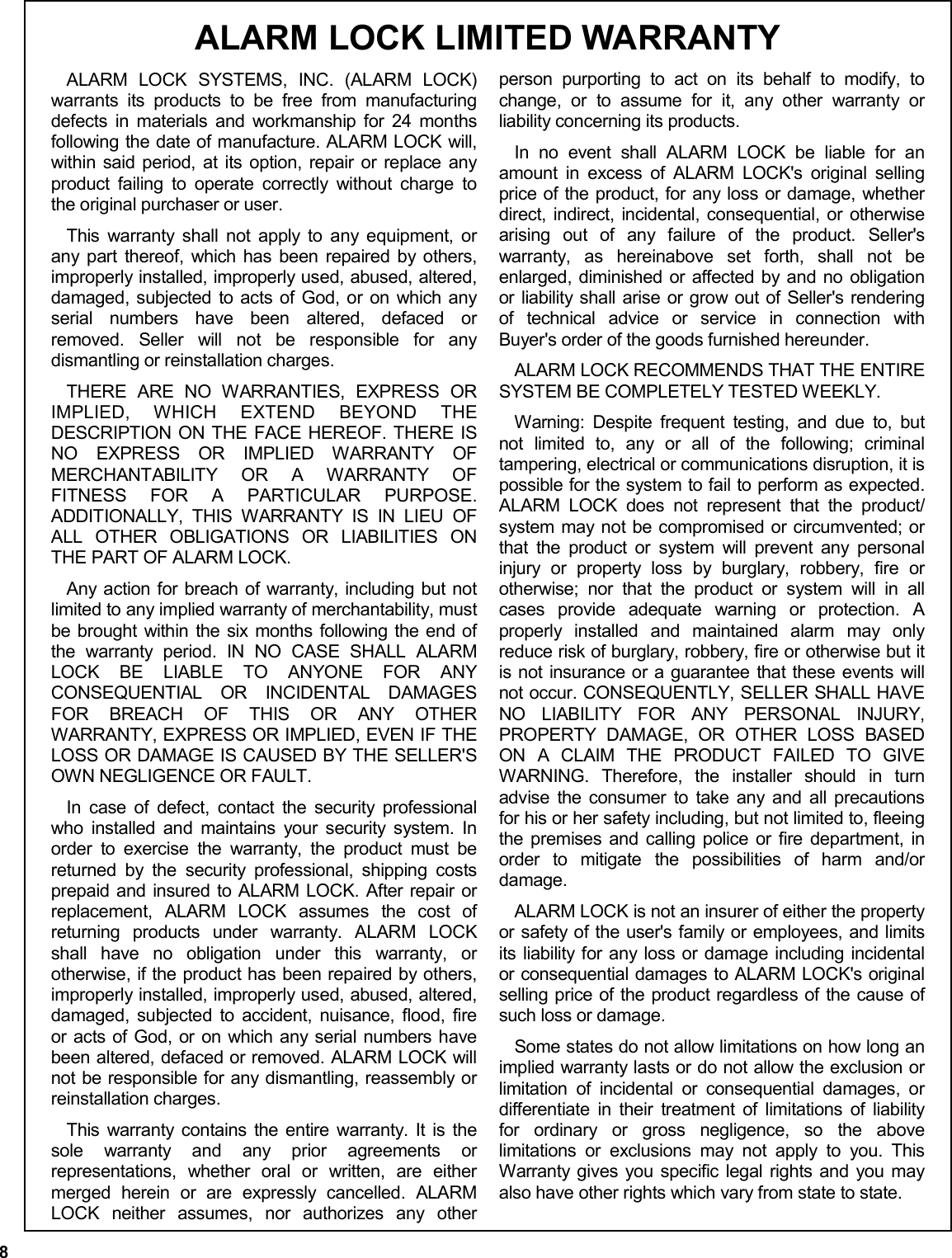 Page 8 of 8 - Alarm Lock DL5200_DL5300_PDL5300_WI1623B.03_INST DL5200, DL5300, PDL5300 Double-Sided Installation Instructions DL5200 DL5300 WI1623B.03 INST