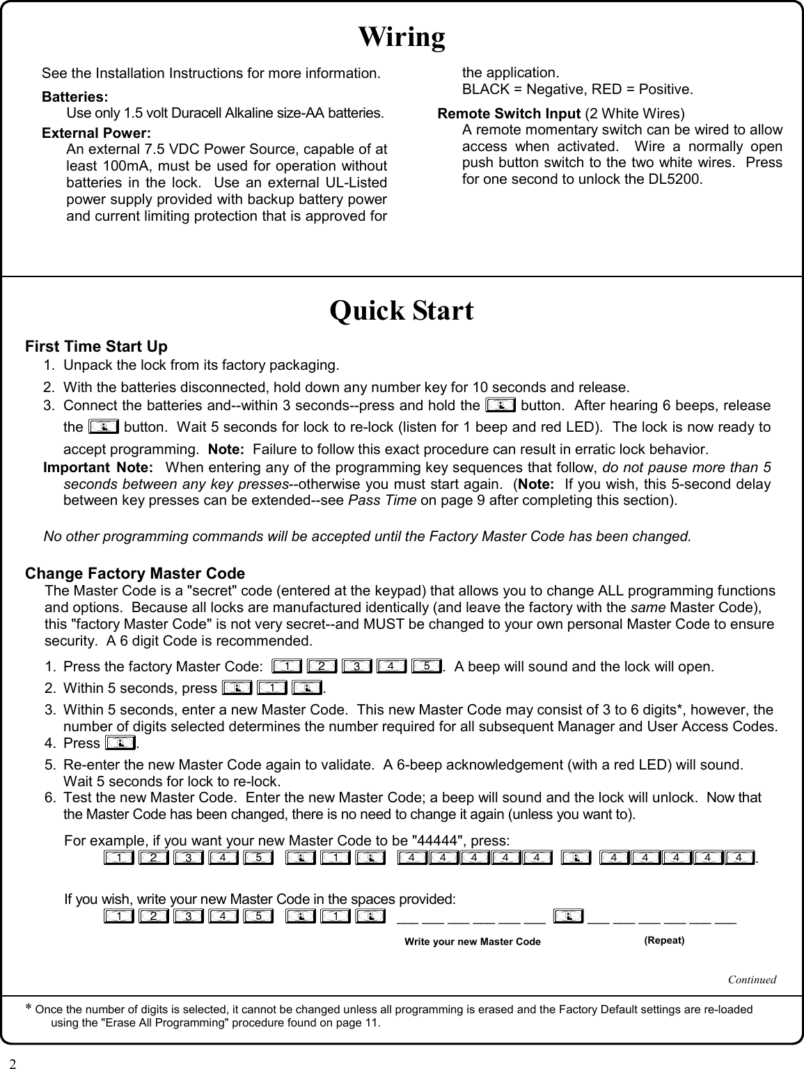 Page 2 of 12 - Alarm Lock DL5200_OI345.05_PROG DL5200 Programming Instructions OI345.05 PROG