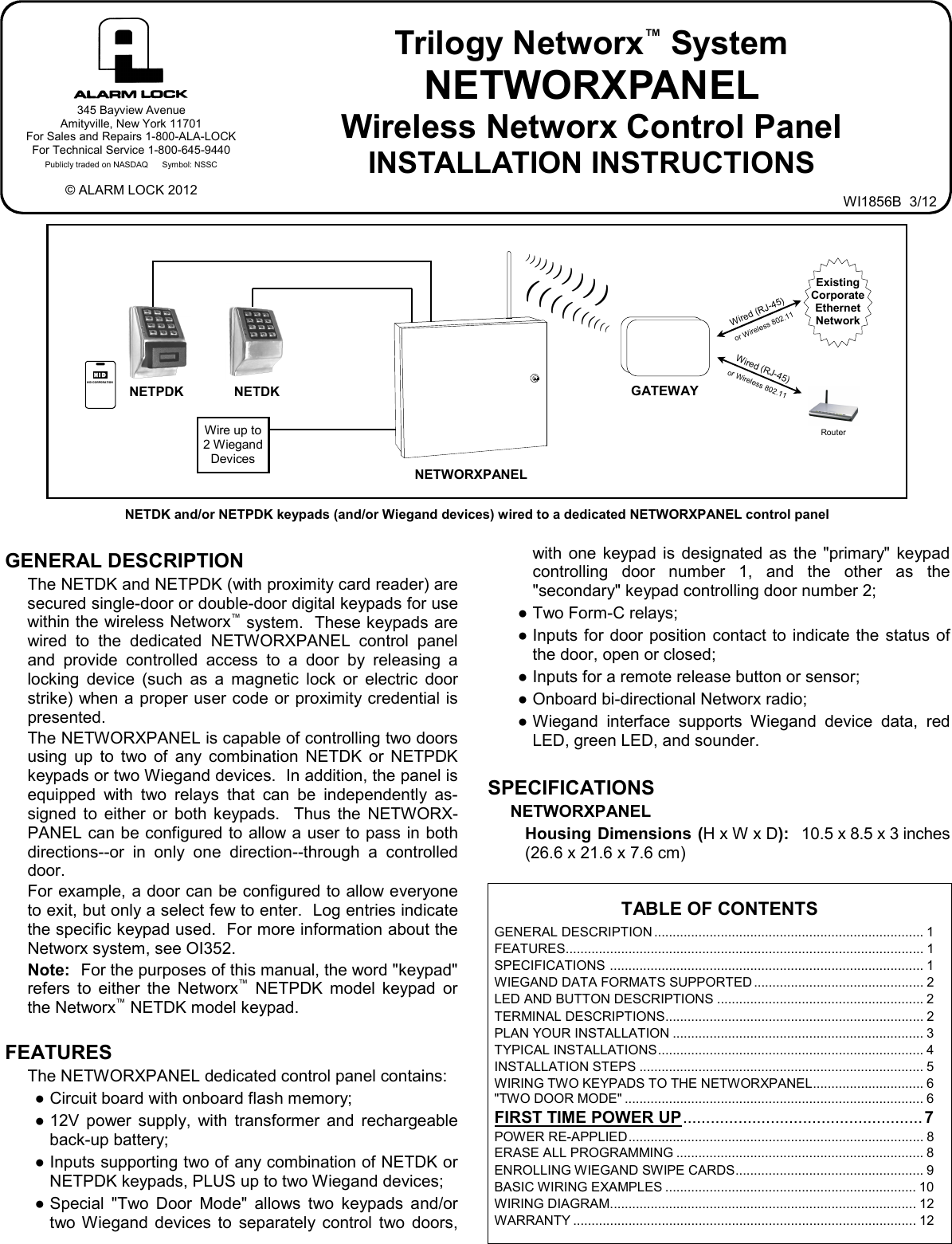 Page 1 of 12 - Alarm Lock NETWORXPANEL_WI1856B.02_INST NETWORXPANEL Wireless Networx Control Panel (NETDK/NETPDK) Installation Instructions WI1856B.02 INST
