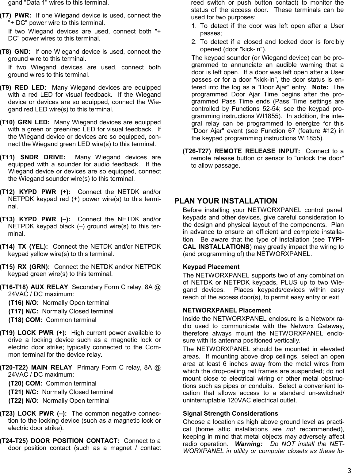 Page 3 of 12 - Alarm Lock NETWORXPANEL_WI1856B.02_INST NETWORXPANEL Wireless Networx Control Panel (NETDK/NETPDK) Installation Instructions WI1856B.02 INST