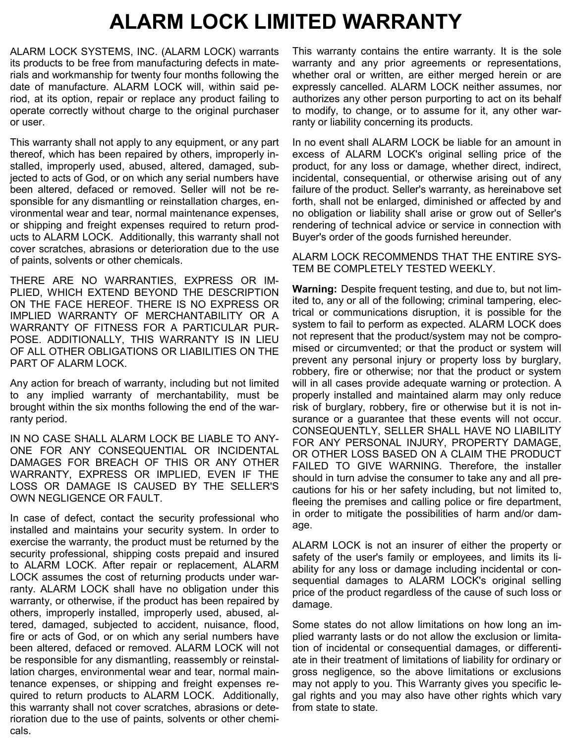 Page 12 of 12 - Alarm Lock PDL6100_&_DL6100_Lock_WI1674C.01_INST PDL6100 & DL6100 Installation Instructions WI1674C.01 INST