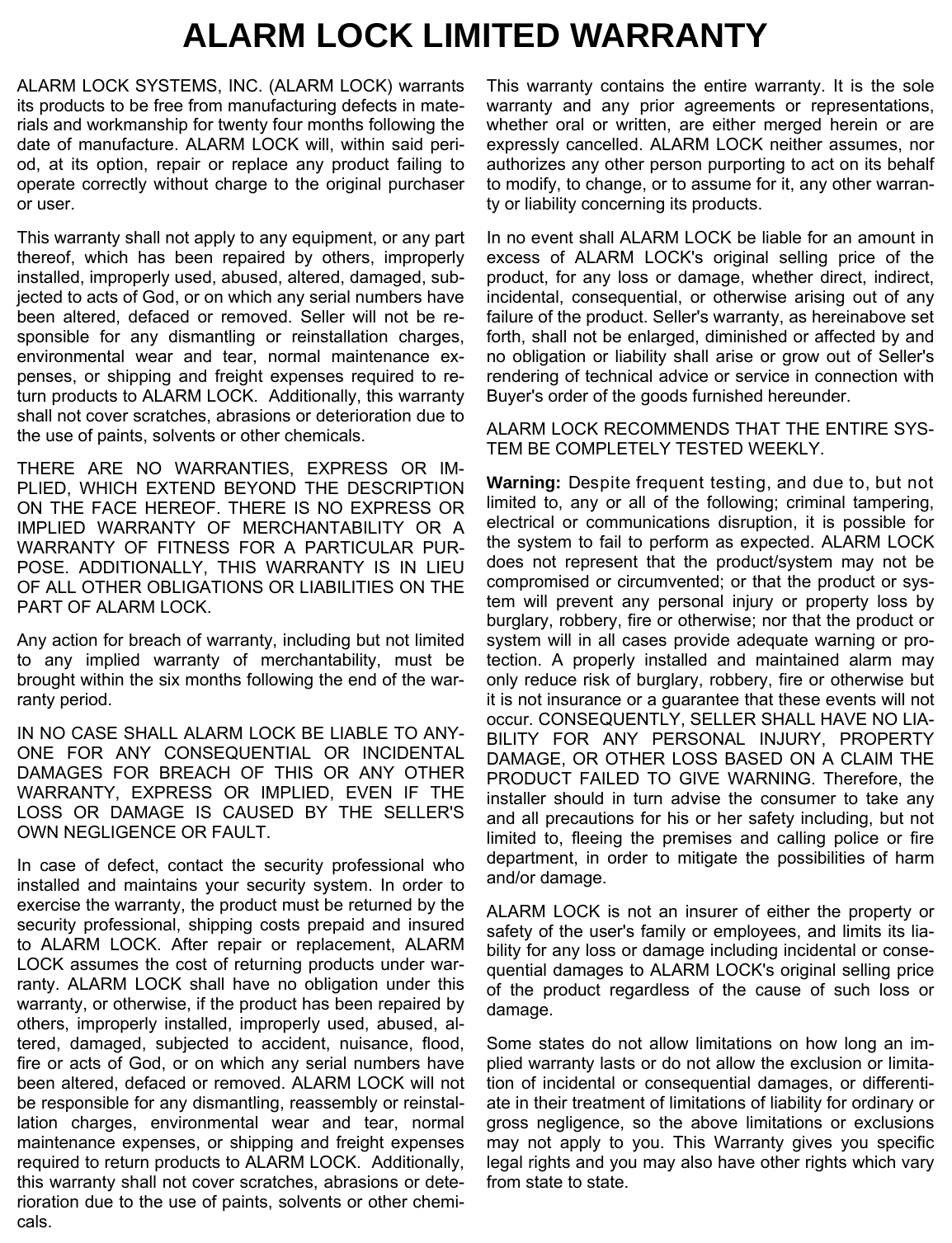 Page 12 of 12 - Alarm Lock PDL6200_DL6200_PDL8200_WI2024B.04_INST DL6200, PDL6200 And PDL8200 Installation Instructions DL6200 WI2024B.04 INST