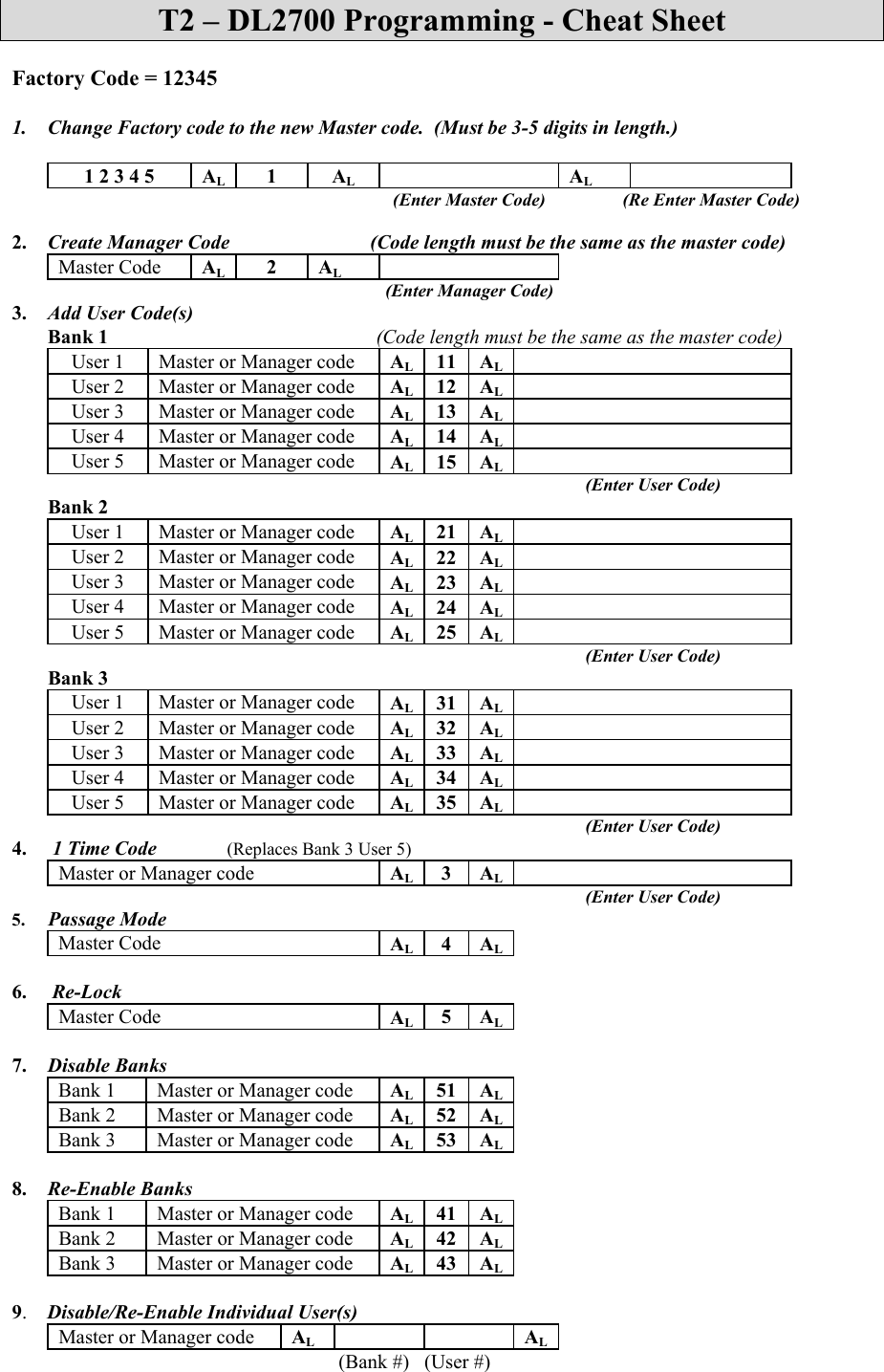 Page 1 of 1 - Alarm Lock - T2 Original Keypad Programming Cheat Sheet DL2700 (Original Version)