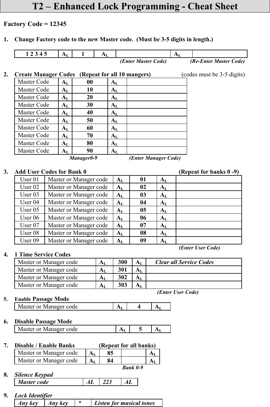 Page 1 of 1 - Alarm Lock - T2 Enhanced Keypad Programming Cheat Sheet