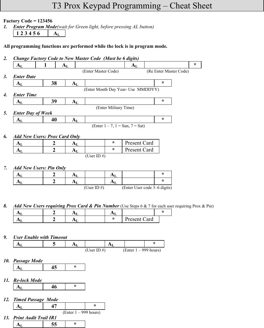 Alarm Lock T3 KEYPAD PROX PROGRAMMING CHEAT SHEET