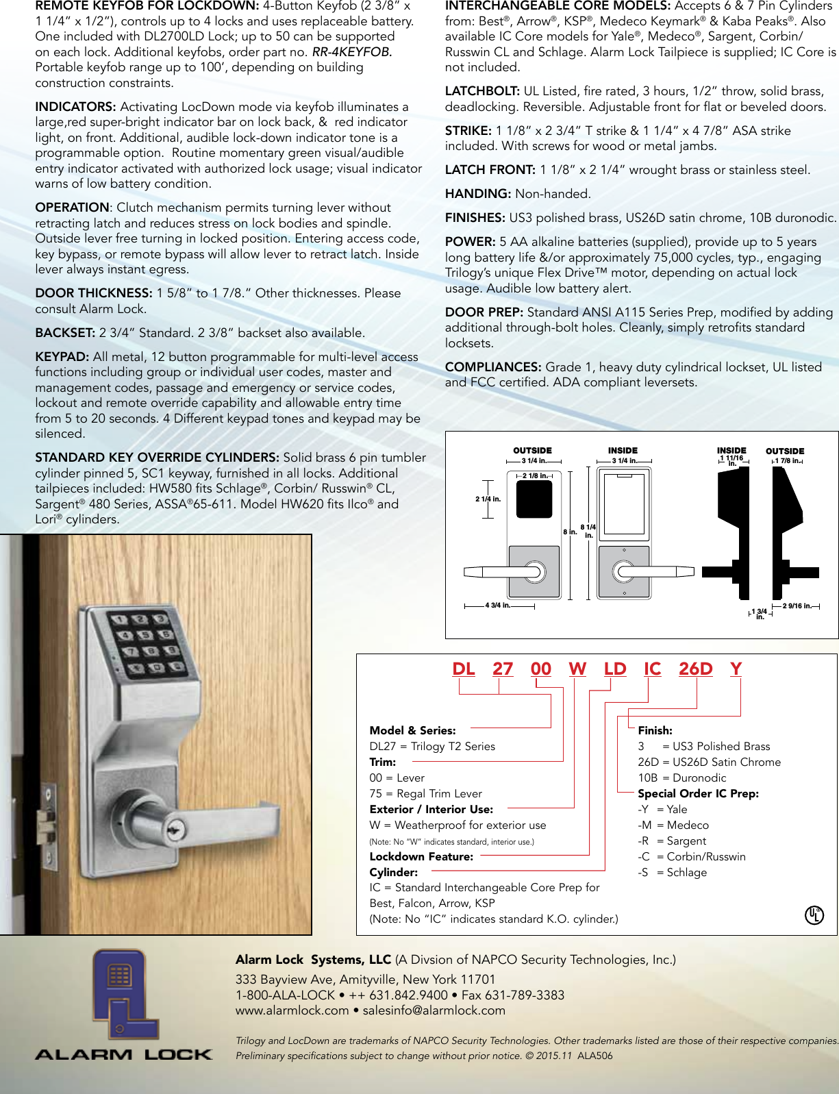 Alarm Lock DL2700LD Spec Sheet Ala506