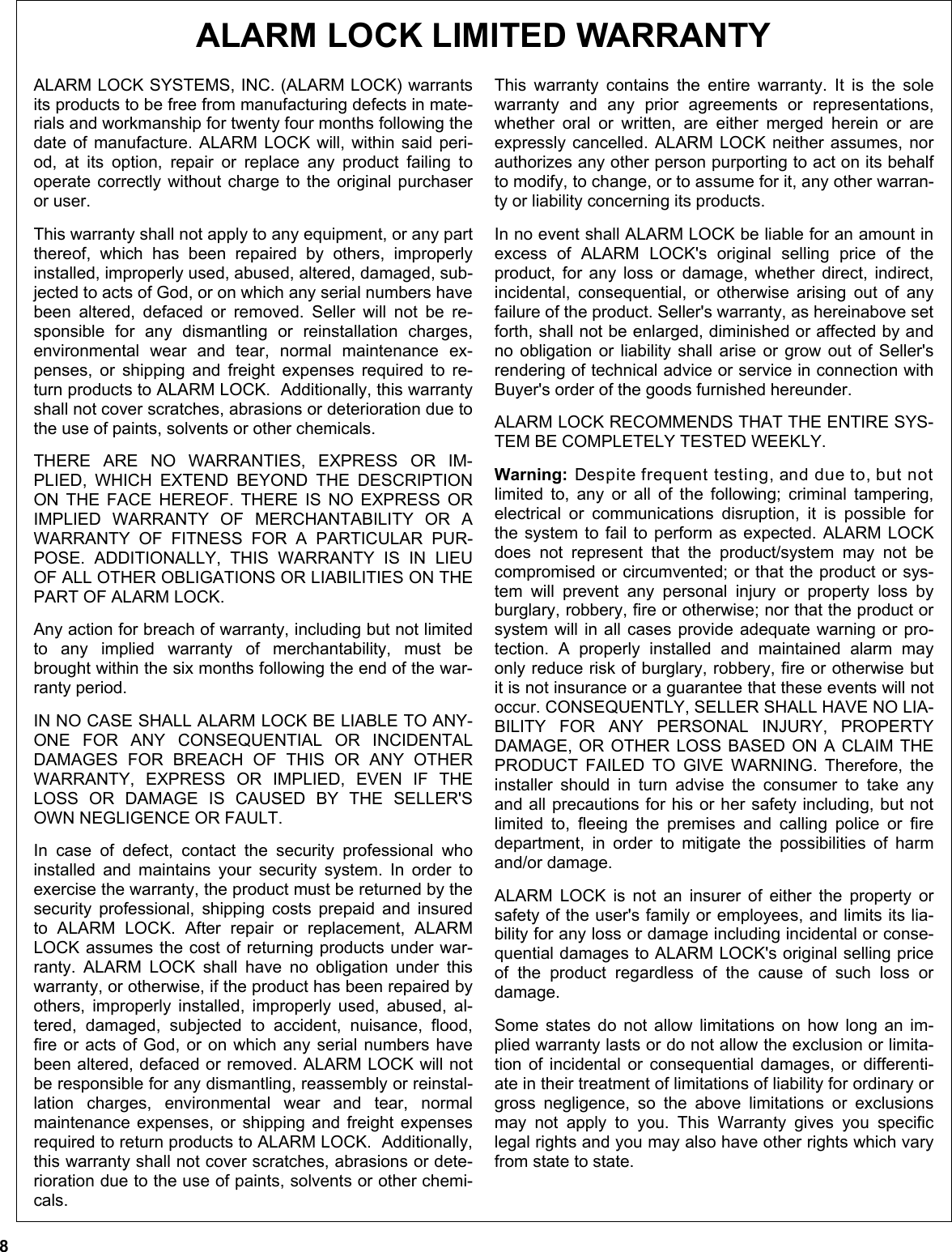 Page 8 of 8 - Alarm Lock XNarrow_DL1200-DL1300-PDL1300_WI1458F.03_INST DL1200, DL1300, PDL1300 Narrow Stile Mounting Instructions X DL1200-DL1300-PDL1300 WI1458F.03 INST