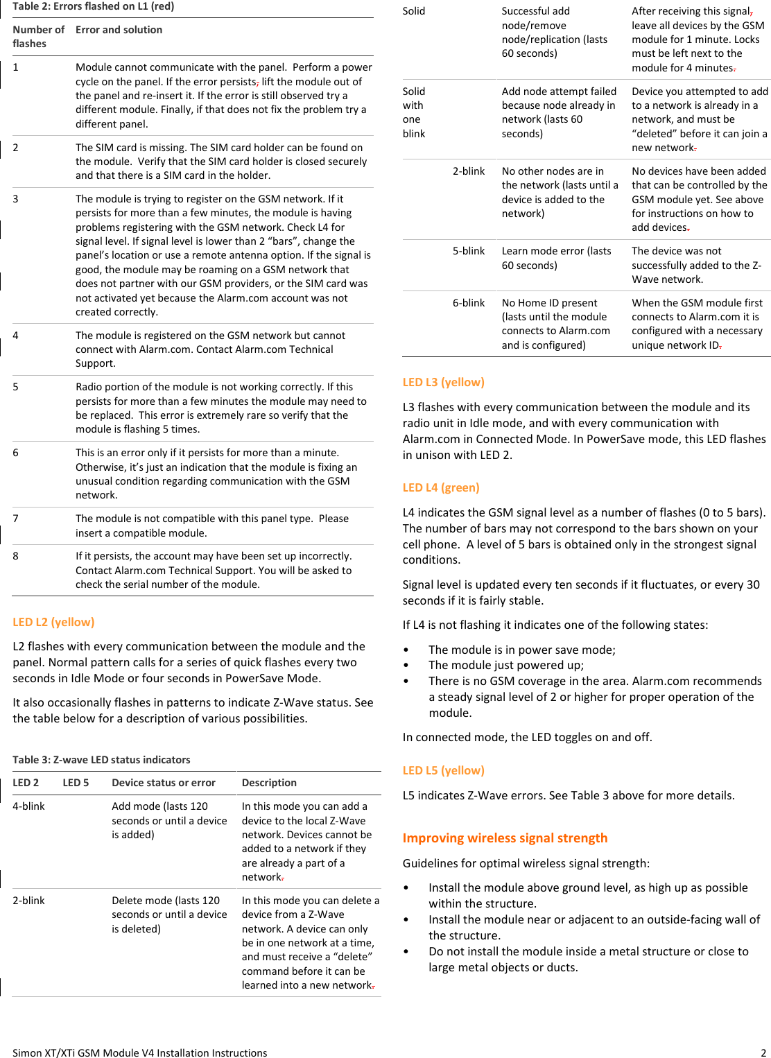 Simon XT/XTi GSM Module V4 Installation Instructions  2 Table 2: Errors flashed on L1 (red) Number of flashes Error and solution 1 Module cannot communicate with the panel.  Perform a power cycle on the panel. If the error persists, lift the module out of the panel and re-insert it. If the error is still observed try a different module. Finally, if that does not fix the problem try a different panel. 2  The SIM card is missing. The SIM card holder can be found on the module.  Verify that the SIM card holder is closed securely and that there is a SIM card in the holder.   3  The module is trying to register on the GSM network. If it persists for more than a few minutes, the module is having problems registering with the GSM network. Check L4 for signal level. If signal level is lower than 2 “bars”, change the panel’s location or use a remote antenna option. If the signal is good, the module may be roaming on a GSM network that does not partner with our GSM providers, or the SIM card was not activated yet because the Alarm.com account was not created correctly. 4  The module is registered on the GSM network but cannot connect with Alarm.com. Contact Alarm.com Technical Support. 5  Radio portion of the module is not working correctly. If this persists for more than a few minutes the module may need to be replaced.  This error is extremely rare so verify that the module is flashing 5 times.   6  This is an error only if it persists for more than a minute. Otherwise, it’s just an indication that the module is fixing an unusual condition regarding communication with the GSM network. 7  The module is not compatible with this panel type.  Please insert a compatible module.   8  If it persists, the account may have been set up incorrectly.  Contact Alarm.com Technical Support. You will be asked to check the serial number of the module. LED L2 (yellow) L2 flashes with every communication between the module and the panel. Normal pattern calls for a series of quick flashes every two seconds in Idle Mode or four seconds in PowerSave Mode. It also occasionally flashes in patterns to indicate Z-Wave status. See the table below for a description of various possibilities. Table 3: Z-wave LED status indicators LED 2  LED 5  Device status or error  Description 4-blink    Add mode (lasts 120 seconds or until a device is added) In this mode you can add a device to the local Z-Wave network. Devices cannot be added to a network if they are already a part of a network. 2-blink    Delete mode (lasts 120 seconds or until a device is deleted) In this mode you can delete a device from a Z-Wave network. A device can only be in one network at a time, and must receive a “delete” command before it can be learned into a new network. Solid    Successful add node/remove node/replication (lasts 60 seconds) After receiving this signal, leave all devices by the GSM module for 1 minute. Locks must be left next to the module for 4 minutes. Solid with one blink   Add node attempt failed because node already in network (lasts 60 seconds) Device you attempted to add to a network is already in a network, and must be “deleted” before it can join a new network.   2-blink  No other nodes are in the network (lasts until a device is added to the network) No devices have been added that can be controlled by the GSM module yet. See above for instructions on how to add devices.   5-blink  Learn mode error (lasts 60 seconds) The device was not successfully added to the Z-Wave network.    6-blink  No Home ID present (lasts until the module connects to Alarm.com and is configured) When the GSM module first connects to Alarm.com it is configured with a necessary unique network ID. LED L3 (yellow) L3 flashes with every communication between the module and its radio unit in Idle mode, and with every communication with Alarm.com in Connected Mode. In PowerSave mode, this LED flashes in unison with LED 2. LED L4 (green) L4 indicates the GSM signal level as a number of flashes (0 to 5 bars).  The number of bars may not correspond to the bars shown on your cell phone.  A level of 5 bars is obtained only in the strongest signal conditions.    Signal level is updated every ten seconds if it fluctuates, or every 30 seconds if it is fairly stable.  If L4 is not flashing it indicates one of the following states: •  The module is in power save mode; •  The module just powered up;  •  There is no GSM coverage in the area. Alarm.com recommends a steady signal level of 2 or higher for proper operation of the module. In connected mode, the LED toggles on and off. LED L5 (yellow) L5 indicates Z-Wave errors. See Table 3 above for more details.  Improving wireless signal strength Guidelines for optimal wireless signal strength: •  Install the module above ground level, as high up as possible within the structure. •  Install the module near or adjacent to an outside-facing wall of the structure. •  Do not install the module inside a metal structure or close to large metal objects or ducts. 