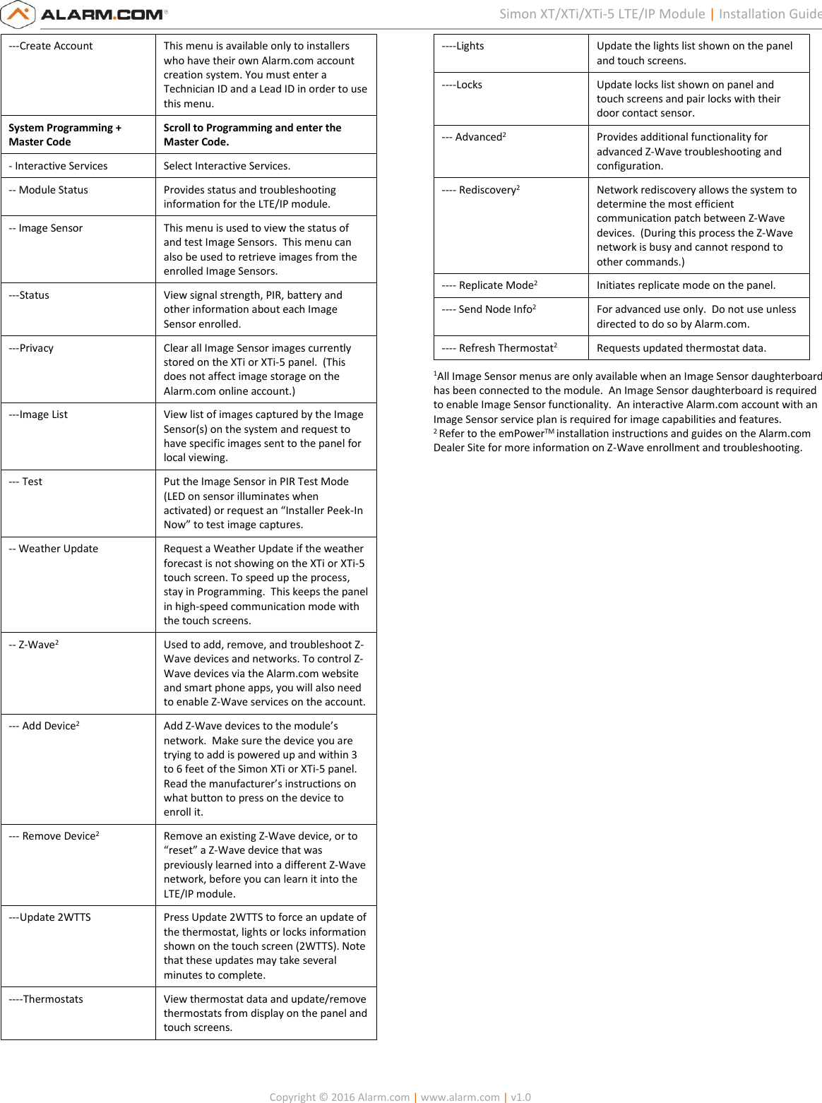   Copyright © 2016 Alarm.com | www.alarm.com | v1.0  6 Simon XT/XTi/XTi-5 LTE/IP Module | Installation Guide ---Create Account This menu is available only to installers who have their own Alarm.com account creation system. You must enter a Technician ID and a Lead ID in order to use this menu. System Programming + Master Code  Scroll to Programming and enter the Master Code. - Interactive Services  Select Interactive Services. -- Module Status  Provides status and troubleshooting information for the LTE/IP module. -- Image Sensor  This menu is used to view the status of and test Image Sensors.  This menu can also be used to retrieve images from the enrolled Image Sensors. ---Status View signal strength, PIR, battery and other information about each Image Sensor enrolled. ---Privacy Clear all Image Sensor images currently stored on the XTi or XTi-5 panel.  (This does not affect image storage on the Alarm.com online account.) ---Image List View list of images captured by the Image Sensor(s) on the system and request to have specific images sent to the panel for local viewing. --- Test  Put the Image Sensor in PIR Test Mode (LED on sensor illuminates when activated) or request an “Installer Peek-In Now” to test image captures. -- Weather Update  Request a Weather Update if the weather forecast is not showing on the XTi or XTi-5 touch screen. To speed up the process, stay in Programming.  This keeps the panel in high-speed communication mode with the touch screens. -- Z-Wave2  Used to add, remove, and troubleshoot Z-Wave devices and networks. To control Z-Wave devices via the Alarm.com website and smart phone apps, you will also need to enable Z-Wave services on the account. --- Add Device2 Add Z-Wave devices to the module’s network.  Make sure the device you are trying to add is powered up and within 3 to 6 feet of the Simon XTi or XTi-5 panel. Read the manufacturer’s instructions on what button to press on the device to enroll it. --- Remove Device2 Remove an existing Z-Wave device, or to “reset” a Z-Wave device that was previously learned into a different Z-Wave network, before you can learn it into the LTE/IP module. ---Update 2WTTS Press Update 2WTTS to force an update of the thermostat, lights or locks information shown on the touch screen (2WTTS). Note that these updates may take several minutes to complete.  ----Thermostats View thermostat data and update/remove thermostats from display on the panel and touch screens. ----Lights Update the lights list shown on the panel and touch screens. ----Locks Update locks list shown on panel and touch screens and pair locks with their door contact sensor. --- Advanced2 Provides additional functionality for advanced Z-Wave troubleshooting and configuration.   ---- Rediscovery2 Network rediscovery allows the system to determine the most efficient communication patch between Z-Wave devices.  (During this process the Z-Wave network is busy and cannot respond to other commands.) ---- Replicate Mode2 Initiates replicate mode on the panel. ---- Send Node Info2 For advanced use only.  Do not use unless directed to do so by Alarm.com. ---- Refresh Thermostat2 Requests updated thermostat data. 1All Image Sensor menus are only available when an Image Sensor daughterboard has been connected to the module.  An Image Sensor daughterboard is required to enable Image Sensor functionality.  An interactive Alarm.com account with an Image Sensor service plan is required for image capabilities and features.   2 Refer to the emPowerTM installation instructions and guides on the Alarm.com Dealer Site for more information on Z-Wave enrollment and troubleshooting.   
