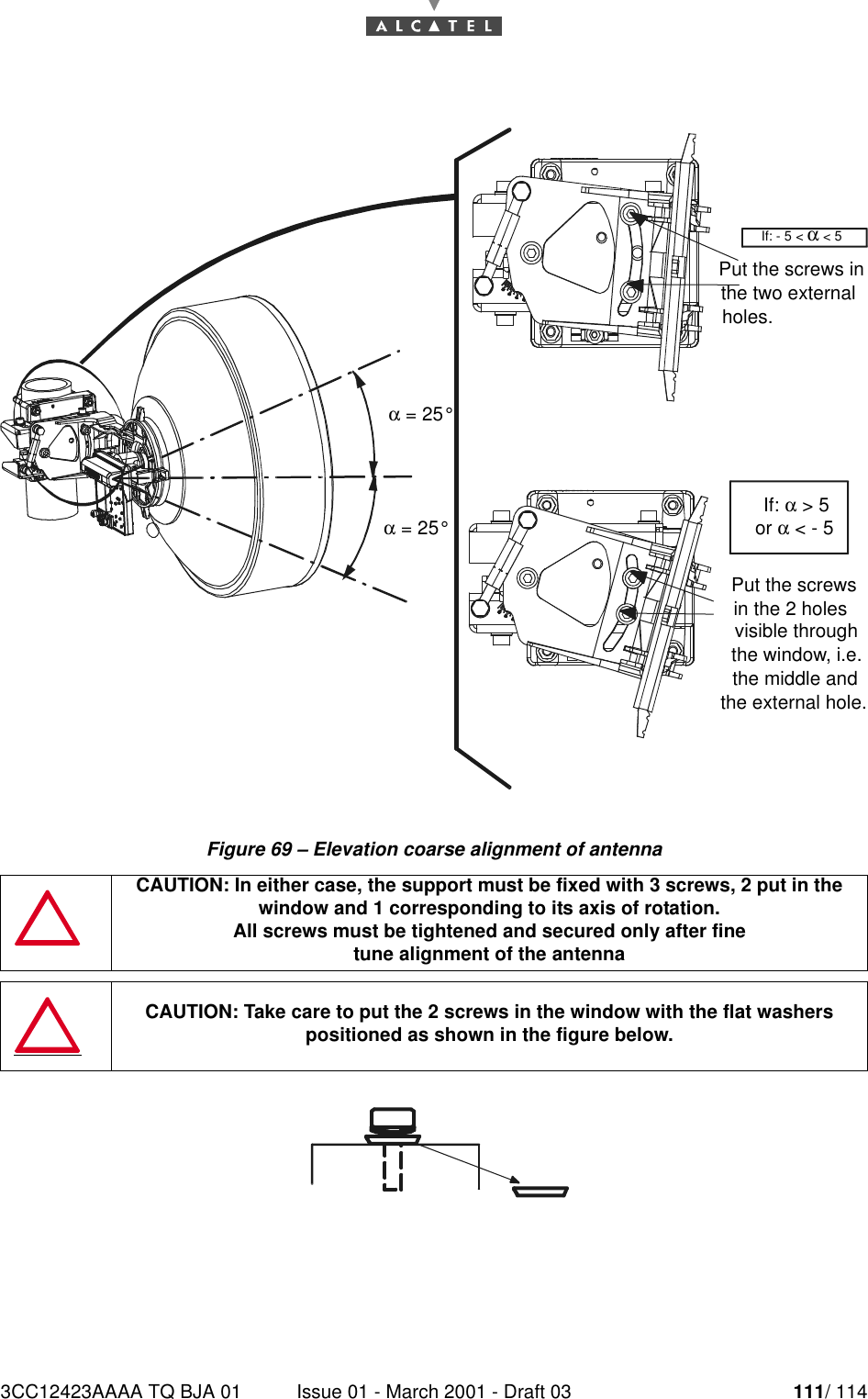 3CC12423AAAA TQ BJA 01 Issue 01 - March 2001 - Draft 03 111/ 114112Figure 69 – Elevation coarse alignment of antennaCAUTION: In either case, the support must be fixed with 3 screws, 2 put in the window and 1 corresponding to its axis of rotation.All screws must be tightened and secured only after finetune alignment of the antennaCAUTION: Take care to put the 2 screws in the window with the flat washerspositioned as shown in the figure below.If: - 5 &lt; α &lt; 5Put the screws inthe two externalholes.If: α &gt; 5or α &lt; - 5Put the screwsin the 2 holesvisible throughthe window, i.e.the middle andthe external hole.α = 25°α = 25°