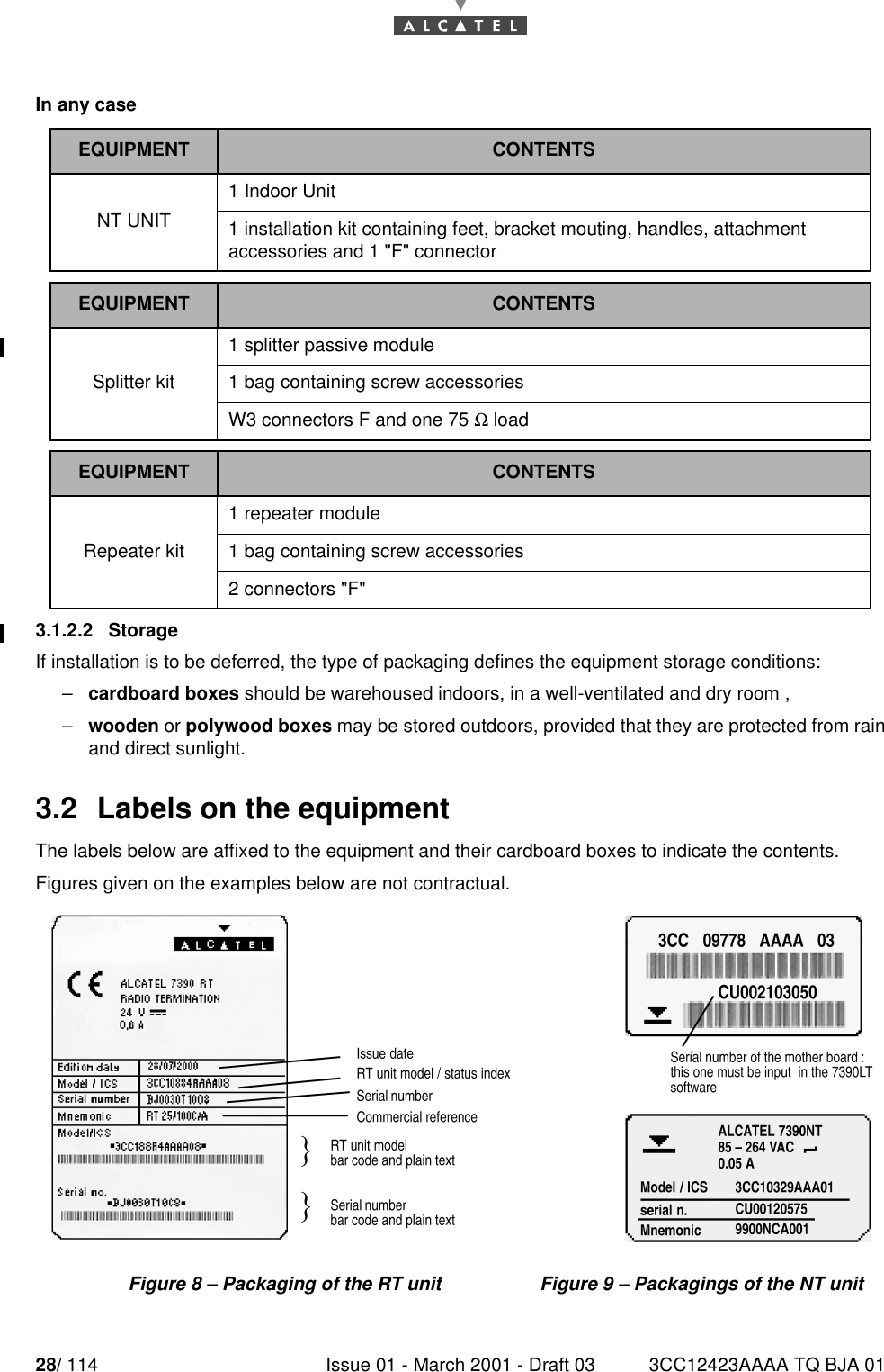 28/ 114 Issue 01 - March 2001 - Draft 03 3CC12423AAAA TQ BJA 0152In any case3.1.2.2   StorageIf installation is to be deferred, the type of packaging defines the equipment storage conditions:–cardboard boxes should be warehoused indoors, in a well-ventilated and dry room ,–wooden or polywood boxes may be stored outdoors, provided that they are protected from rainand direct sunlight.3.2  Labels on the equipmentThe labels below are affixed to the equipment and their cardboard boxes to indicate the contents.Figures given on the examples below are not contractual.EQUIPMENT CONTENTSNT UNIT1 Indoor Unit1 installation kit containing feet, bracket mouting, handles, attachment accessories and 1 &quot;F&quot; connectorEQUIPMENT CONTENTSSplitter kit1 splitter passive module1 bag containing screw accessoriesW3 connectors F and one 75 Ω loadEQUIPMENT CONTENTSRepeater kit1 repeater module1 bag containing screw accessories2 connectors &quot;F&quot;Figure 8 – Packaging of the RT unit Figure 9 – Packagings of the NT unit
