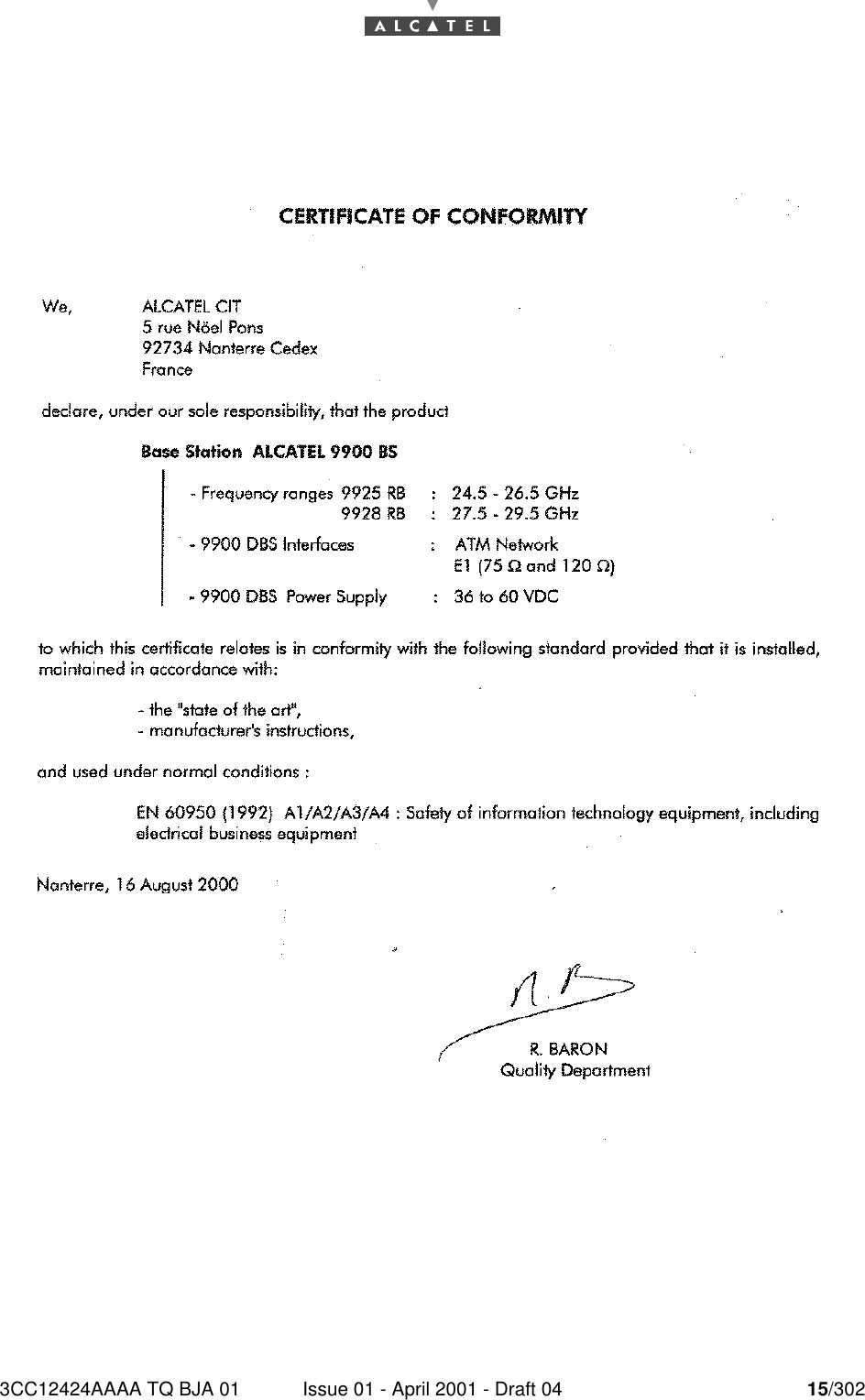 3CC12424AAAA TQ BJA 01 Issue 01 - April 2001 - Draft 04 15/30216