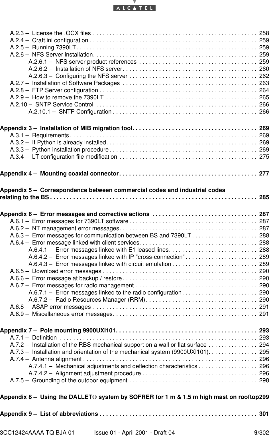 3CC12424AAAA TQ BJA 01 Issue 01 - April 2001 - Draft 04 9/30210A.2.3 –  License the .OCX files . . . . . . . . . . . . . . . . . . . . . . . . . . . . . . . . . . . . . . . . . . . . . . . . . . 258A.2.4 –  Craft.ini configuration . . . . . . . . . . . . . . . . . . . . . . . . . . . . . . . . . . . . . . . . . . . . . . . . . . . 259A.2.5 –  Running 7390LT. . . . . . . . . . . . . . . . . . . . . . . . . . . . . . . . . . . . . . . . . . . . . . . . . . . . . . . 259A.2.6 –  NFS Server installation. . . . . . . . . . . . . . . . . . . . . . . . . . . . . . . . . . . . . . . . . . . . . . . . . . 259A.2.6.1 –  NFS server product references  . . . . . . . . . . . . . . . . . . . . . . . . . . . . . . . . . . . . 259A.2.6.2 –  Installation of NFS server. . . . . . . . . . . . . . . . . . . . . . . . . . . . . . . . . . . . . . . . . 260A.2.6.3 –  Configuring the NFS server . . . . . . . . . . . . . . . . . . . . . . . . . . . . . . . . . . . . . . . 262A.2.7 –  Installation of Software Packages  . . . . . . . . . . . . . . . . . . . . . . . . . . . . . . . . . . . . . . . . . 263A.2.8 –  FTP Server configuration . . . . . . . . . . . . . . . . . . . . . . . . . . . . . . . . . . . . . . . . . . . . . . . . 264A.2.9 –  How to remove the 7390LT  . . . . . . . . . . . . . . . . . . . . . . . . . . . . . . . . . . . . . . . . . . . . . . 265A.2.10 –  SNTP Service Control  . . . . . . . . . . . . . . . . . . . . . . . . . . . . . . . . . . . . . . . . . . . . . . . . . 266A.2.10.1 –  SNTP Configuration . . . . . . . . . . . . . . . . . . . . . . . . . . . . . . . . . . . . . . . . . . . . 266Appendix 3 –  Installation of MIB migration tool. . . . . . . . . . . . . . . . . . . . . . . . . . . . . . . . . . . . . . 269A.3.1 –  Requirements . . . . . . . . . . . . . . . . . . . . . . . . . . . . . . . . . . . . . . . . . . . . . . . . . . . . . . . . . 269A.3.2 –  If Python is already installed. . . . . . . . . . . . . . . . . . . . . . . . . . . . . . . . . . . . . . . . . . . . . . 269A.3.3 –  Python installation procedure . . . . . . . . . . . . . . . . . . . . . . . . . . . . . . . . . . . . . . . . . . . . . 269A.3.4 –  LT configuration file modification . . . . . . . . . . . . . . . . . . . . . . . . . . . . . . . . . . . . . . . . . . 275Appendix 4 –  Mounting coaxial connector. . . . . . . . . . . . . . . . . . . . . . . . . . . . . . . . . . . . . . . . . . 277Appendix 5 –  Correspondence between commercial codes and industrial codes relating to the BS . . . . . . . . . . . . . . . . . . . . . . . . . . . . . . . . . . . . . . . . . . . . . . . . . . . . . . . . . . . . . . . 285Appendix 6 –  Error messages and corrective actions  . . . . . . . . . . . . . . . . . . . . . . . . . . . . . . . . 287A.6.1 –  Error messages for 7390LT software . . . . . . . . . . . . . . . . . . . . . . . . . . . . . . . . . . . . . . . 287A.6.2 –  NT management error messages. . . . . . . . . . . . . . . . . . . . . . . . . . . . . . . . . . . . . . . . . . 287A.6.3 –  Error messages for communication between BS and 7390LT . . . . . . . . . . . . . . . . . . . . 288A.6.4 –  Error message linked with client services. . . . . . . . . . . . . . . . . . . . . . . . . . . . . . . . . . . . 288A.6.4.1 –  Error messages linked with E1 leased lines. . . . . . . . . . . . . . . . . . . . . . . . . . . 288A.6.4.2 –  Error messages linked with IP &quot;cross-connection&quot;. . . . . . . . . . . . . . . . . . . . . . 289A.6.4.3 –  Error messages linked with circuit emulation . . . . . . . . . . . . . . . . . . . . . . . . . . 289A.6.5 –  Download error messages . . . . . . . . . . . . . . . . . . . . . . . . . . . . . . . . . . . . . . . . . . . . . . . 290A.6.6 –  Error message at backup / restore . . . . . . . . . . . . . . . . . . . . . . . . . . . . . . . . . . . . . . . . . 290A.6.7 –  Error messages for radio management . . . . . . . . . . . . . . . . . . . . . . . . . . . . . . . . . . . . . 290A.6.7.1 –  Error messages linked to the radio configuration. . . . . . . . . . . . . . . . . . . . . . . 290A.6.7.2 –  Radio Resources Manager (RRM). . . . . . . . . . . . . . . . . . . . . . . . . . . . . . . . . . 290A.6.8 –  ASAP error messages . . . . . . . . . . . . . . . . . . . . . . . . . . . . . . . . . . . . . . . . . . . . . . . . . . 291A.6.9 –  Miscellaneous error messages. . . . . . . . . . . . . . . . . . . . . . . . . . . . . . . . . . . . . . . . . . . . 291Appendix 7 –  Pole mounting 9900UXI101. . . . . . . . . . . . . . . . . . . . . . . . . . . . . . . . . . . . . . . . . . . 293A.7.1 –  Definition  . . . . . . . . . . . . . . . . . . . . . . . . . . . . . . . . . . . . . . . . . . . . . . . . . . . . . . . . . . . . 293A.7.2 –  Installation of the RBS mechanical support on a wall or flat surface . . . . . . . . . . . . . . . 294A.7.3 –  Installation and orientation of the mechanical system (9900UXI101). . . . . . . . . . . . . . . 295A.7.4 –  Antenna alignment . . . . . . . . . . . . . . . . . . . . . . . . . . . . . . . . . . . . . . . . . . . . . . . . . . . . . 296A.7.4.1 –  Mechanical adjustments and deflection characteristics . . . . . . . . . . . . . . . . . . 296A.7.4.2 –  Alignment adjustment procedure . . . . . . . . . . . . . . . . . . . . . . . . . . . . . . . . . . . 296A.7.5 –  Grounding of the outdoor equipment . . . . . . . . . . . . . . . . . . . . . . . . . . . . . . . . . . . . . . . 298Appendix 8 –  Using the DALLET system by SOFRER for 1 m &amp; 1.5 m high mast on rooftop299Appendix 9 –  List of abbreviations . . . . . . . . . . . . . . . . . . . . . . . . . . . . . . . . . . . . . . . . . . . . . . . . 301