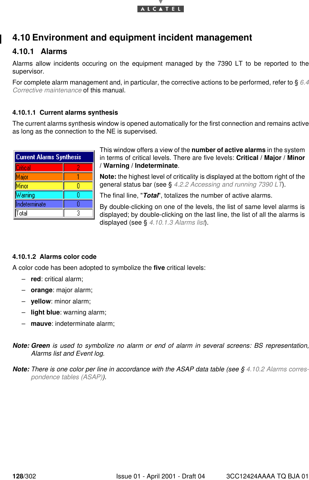 128/302 Issue 01 - April 2001 - Draft 04 3CC12424AAAA TQ BJA 011824.10 Environment and equipment incident management4.10.1 AlarmsAlarms allow incidents occuring on the equipment managed by the 7390 LT to be reported to thesupervisor.For complete alarm management and, in particular, the corrective actions to be performed, refer to § 6.4Corrective maintenance of this manual.4.10.1.1 Current alarms synthesisThe current alarms synthesis window is opened automatically for the first connection and remains activeas long as the connection to the NE is supervised.4.10.1.2 Alarms color codeA color code has been adopted to symbolize the five critical levels:–red: critical alarm;–orange: major alarm;–yellow: minor alarm;–light blue: warning alarm;–mauve: indeterminate alarm;Note: Green is used to symbolize no alarm or end of alarm in several screens: BS representation,Alarms list and Event log.Note: There is one color per line in accordance with the ASAP data table (see § 4.10.2 Alarms corres-pondence tables (ASAP)).This window offers a view of the number of active alarms in the systemin terms of critical levels. There are five levels: Critical / Major / Minor/ Warning / Indeterminate.Note: the highest level of criticality is displayed at the bottom right of thegeneral status bar (see § 4.2.2 Accessing and running 7390 LT).The final line, &quot;Total&quot;, totalizes the number of active alarms.By double-clicking on one of the levels, the list of same level alarms isdisplayed; by double-clicking on the last line, the list of all the alarms isdisplayed (see § 4.10.1.3 Alarms list).