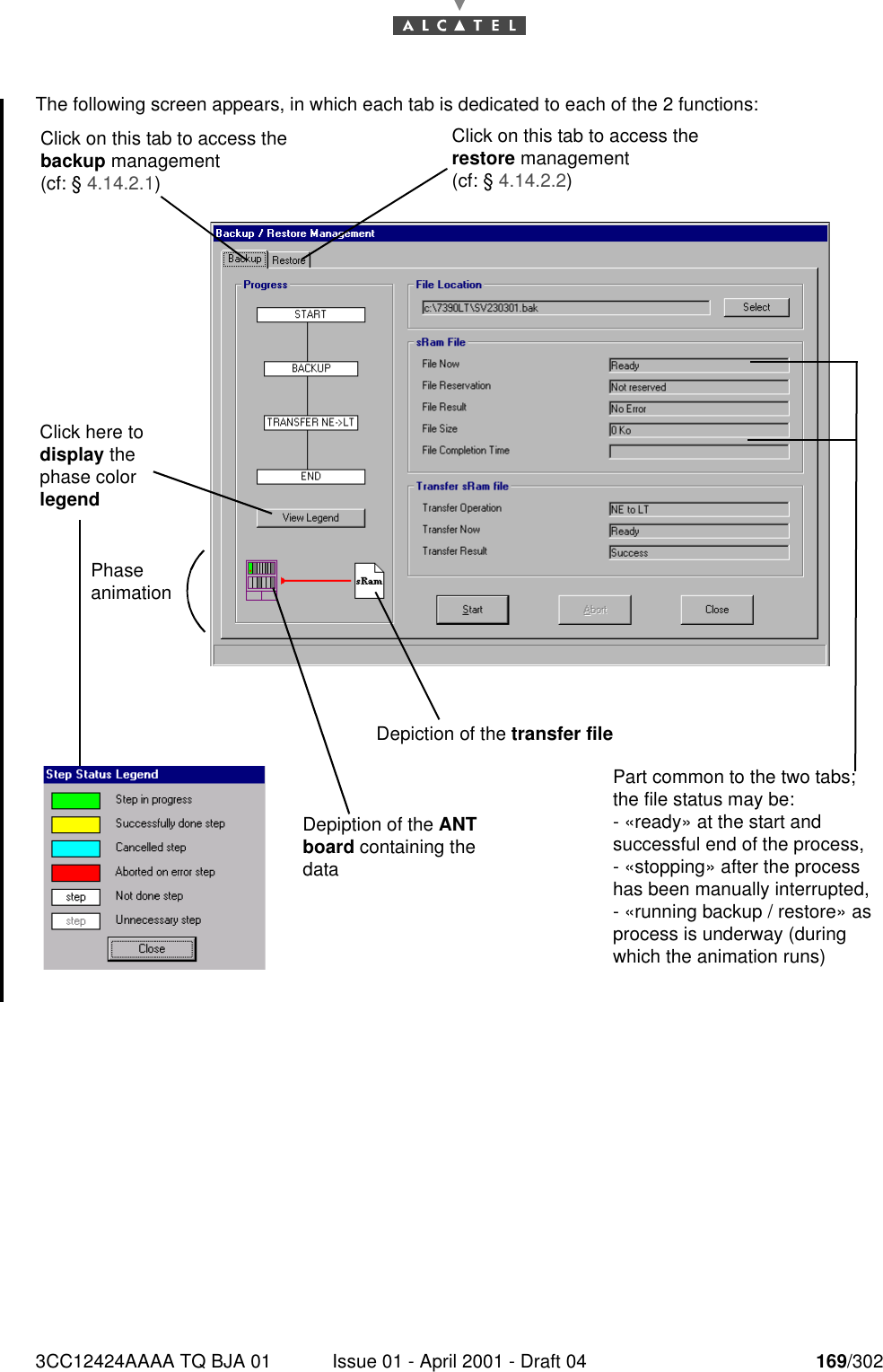 3CC12424AAAA TQ BJA 01 Issue 01 - April 2001 - Draft 04 169/302182The following screen appears, in which each tab is dedicated to each of the 2 functions:Depiction of the transfer fileDepiption of the ANT board containing the dataPhase animationClick here to display the phase color legendClick on this tab to access the backup management (cf: § 4.14.2.1)Click on this tab to access the restore management (cf: § 4.14.2.2)Part common to the two tabs; the file status may be:- «ready» at the start and successful end of the process,- «stopping» after the process has been manually interrupted,- «running backup / restore» as process is underway (during which the animation runs)