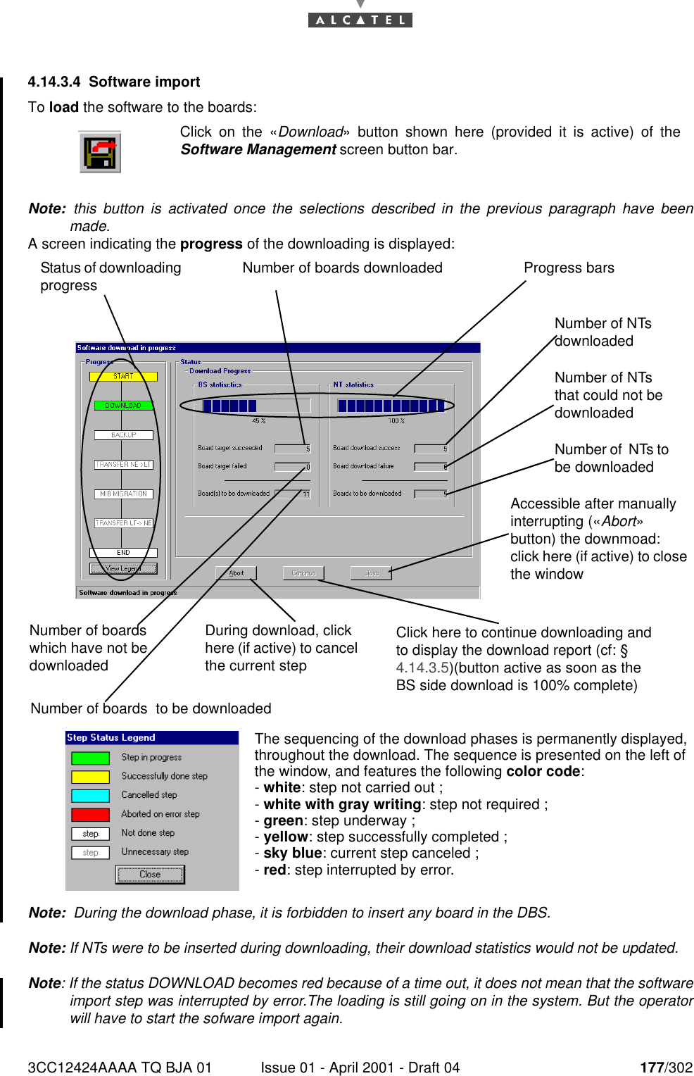 3CC12424AAAA TQ BJA 01 Issue 01 - April 2001 - Draft 04 177/3021824.14.3.4 Software importTo load the software to the boards:Note:  this button is activated once the selections described in the previous paragraph have beenmade.A screen indicating the progress of the downloading is displayed:Note:  During the download phase, it is forbidden to insert any board in the DBS.Note: If NTs were to be inserted during downloading, their download statistics would not be updated.Note: If the status DOWNLOAD becomes red because of a time out, it does not mean that the softwareimport step was interrupted by error.The loading is still going on in the system. But the operatorwill have to start the sofware import again.Click on the «Download» button shown here (provided it is active) of theSoftware Management screen button bar.The sequencing of the download phases is permanently displayed,throughout the download. The sequence is presented on the left ofthe window, and features the following color code:- white: step not carried out ;- white with gray writing: step not required ;- green: step underway ;- yellow: step successfully completed ;- sky blue: current step canceled ;- red: step interrupted by error. Status of downloading progress Number of boards downloaded Progress barsNumber of NTs downloadedNumber of NTs that could not be downloadedNumber of  NTs to be downloadedAccessible after manually interrupting («Abort» button) the downmoad: click here (if active) to close the windowClick here to continue downloading and to display the download report (cf: § 4.14.3.5)(button active as soon as the BS side download is 100% complete)  Number of boards which have not be downloadedNumber of boards  to be downloadedDuring download, click here (if active) to cancel the current step
