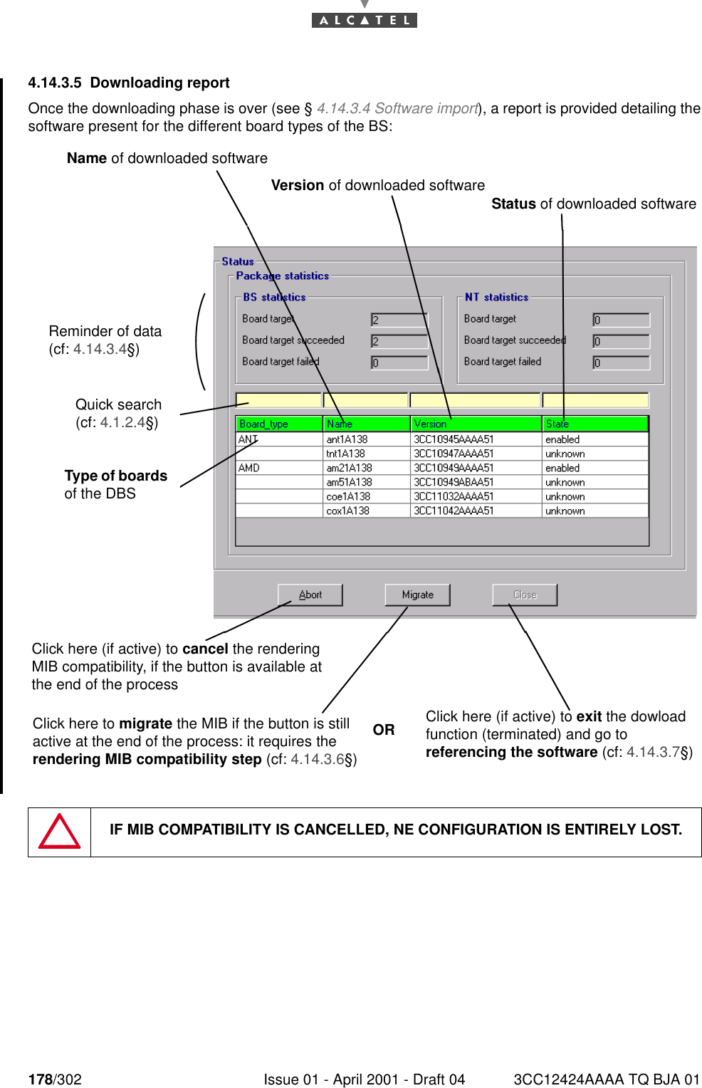 178/302 Issue 01 - April 2001 - Draft 04 3CC12424AAAA TQ BJA 011824.14.3.5 Downloading reportOnce the downloading phase is over (see § 4.14.3.4 Software import), a report is provided detailing thesoftware present for the different board types of the BS:IF MIB COMPATIBILITY IS CANCELLED, NE CONFIGURATION IS ENTIRELY LOST.Name of downloaded softwareVersion of downloaded software Status of downloaded softwareReminder of data(cf: 4.14.3.4§)Quick search(cf: 4.1.2.4§)Type of boards of the DBSClick here (if active) to cancel the rendering MIB compatibility, if the button is available at the end of the process Click here to migrate the MIB if the button is still active at the end of the process: it requires the rendering MIB compatibility step (cf: 4.14.3.6§)Click here (if active) to exit the dowload function (terminated) and go to referencing the software (cf: 4.14.3.7§)OR