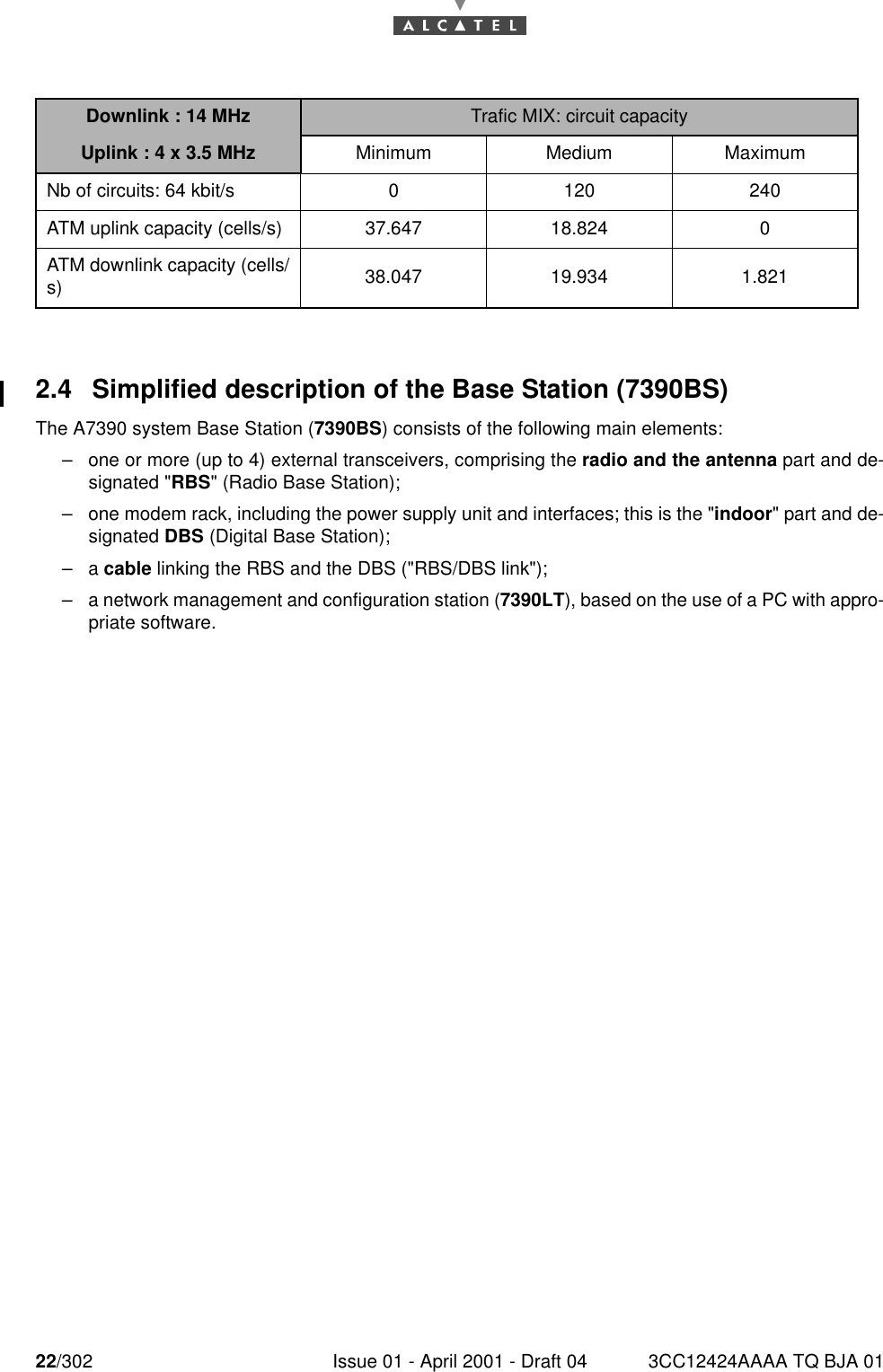 22/302 Issue 01 - April 2001 - Draft 04 3CC12424AAAA TQ BJA 01302.4 Simplified description of the Base Station (7390BS)The A7390 system Base Station (7390BS) consists of the following main elements:–one or more (up to 4) external transceivers, comprising the radio and the antenna part and de-signated &quot;RBS&quot; (Radio Base Station);–one modem rack, including the power supply unit and interfaces; this is the &quot;indoor&quot; part and de-signated DBS (Digital Base Station);–a cable linking the RBS and the DBS (&quot;RBS/DBS link&quot;);–a network management and configuration station (7390LT), based on the use of a PC with appro-priate software.Downlink : 14 MHz Trafic MIX: circuit capacityUplink : 4 x 3.5 MHz Minimum Medium MaximumNb of circuits: 64 kbit/s 0 120 240ATM uplink capacity (cells/s) 37.647 18.824 0ATM downlink capacity (cells/s) 38.047 19.934 1.821