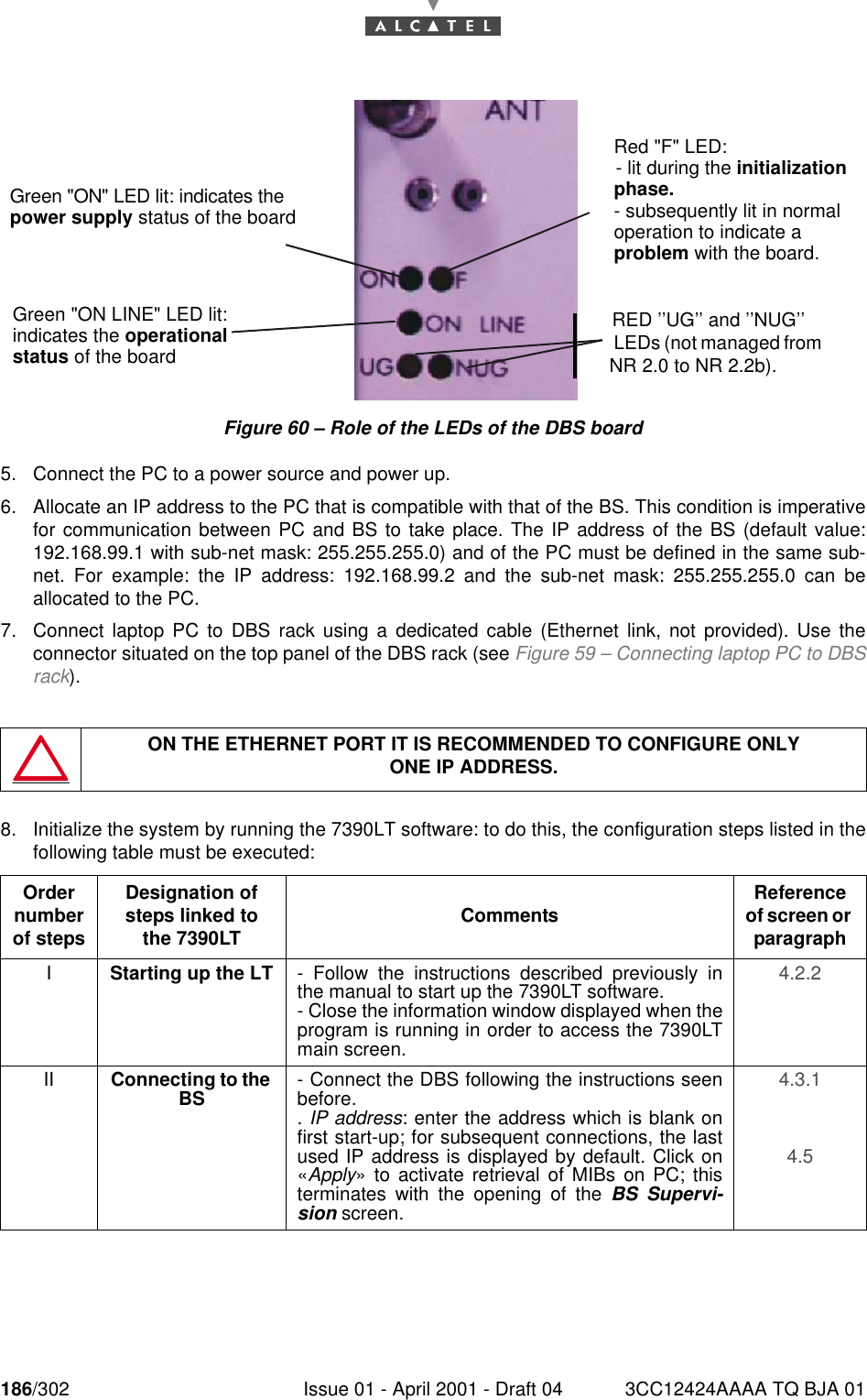 186/302 Issue 01 - April 2001 - Draft 04 3CC12424AAAA TQ BJA 01190Figure 60 – Role of the LEDs of the DBS board5. Connect the PC to a power source and power up.6. Allocate an IP address to the PC that is compatible with that of the BS. This condition is imperativefor communication between PC and BS to take place. The IP address of the BS (default value:192.168.99.1 with sub-net mask: 255.255.255.0) and of the PC must be defined in the same sub-net. For example: the IP address: 192.168.99.2 and the sub-net mask: 255.255.255.0 can beallocated to the PC.7. Connect laptop PC to DBS rack using a dedicated cable (Ethernet link, not provided). Use theconnector situated on the top panel of the DBS rack (see Figure 59 – Connecting laptop PC to DBSrack).8. Initialize the system by running the 7390LT software: to do this, the configuration steps listed in thefollowing table must be executed:ON THE ETHERNET PORT IT IS RECOMMENDED TO CONFIGURE ONLYONE IP ADDRESS.Order number of stepsDesignation of steps linked to the 7390LT Comments Reference of screen or paragraphIStarting up the LT - Follow the instructions described previously inthe manual to start up the 7390LT software.- Close the information window displayed when theprogram is running in order to access the 7390LTmain screen.4.2.2 II Connecting to the BS - Connect the DBS following the instructions seenbefore.. IP address: enter the address which is blank onfirst start-up; for subsequent connections, the lastused IP address is displayed by default. Click on«Apply» to activate retrieval of MIBs on PC; thisterminates with the opening of the BS Supervi-sion screen.4.3.1 4.5 Green &quot;ON&quot; LED lit: indicates thepower supply status of the boardGreen &quot;ON LINE&quot; LED lit:indicates the operationalstatus of the boardRed &quot;F&quot; LED:- lit during the initializationphase.- subsequently lit in normaloperation to indicate aproblem with the board.RED ’’UG’’ and ’’NUG’’ LEDs (not managed from NR 2.0 to NR 2.2b).