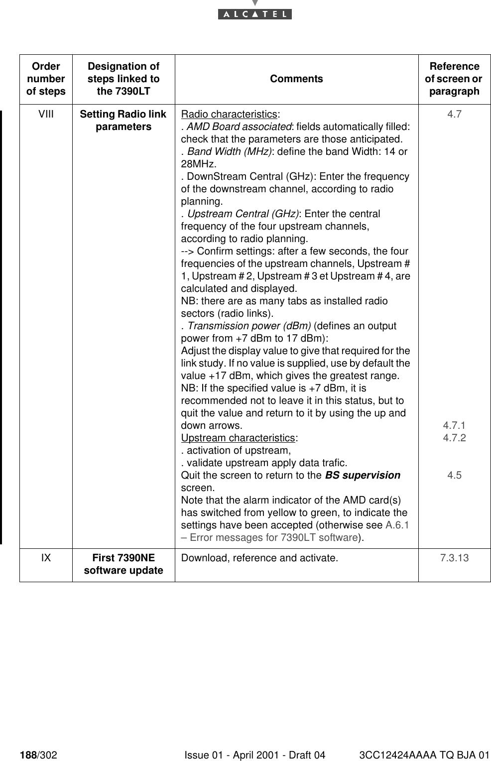 188/302 Issue 01 - April 2001 - Draft 04 3CC12424AAAA TQ BJA 01190Order number of stepsDesignation of steps linked to the 7390LT Comments Reference of screen or paragraphVIII Setting Radio link parameters Radio characteristics:. AMD Board associated: fields automatically filled: check that the parameters are those anticipated.. Band Width (MHz): define the band Width: 14 or 28MHz.. DownStream Central (GHz): Enter the frequency of the downstream channel, according to radio planning.. Upstream Central (GHz): Enter the central frequency of the four upstream channels, according to radio planning.--&gt; Confirm settings: after a few seconds, the four frequencies of the upstream channels, Upstream # 1, Upstream # 2, Upstream # 3 et Upstream # 4, are calculated and displayed.NB: there are as many tabs as installed radio sectors (radio links).. Transmission power (dBm) (defines an output power from +7 dBm to 17 dBm):Adjust the display value to give that required for the link study. If no value is supplied, use by default the value +17 dBm, which gives the greatest range.NB: If the specified value is +7 dBm, it is recommended not to leave it in this status, but to quit the value and return to it by using the up and down arrows.Upstream characteristics:. activation of upstream,. validate upstream apply data trafic.Quit the screen to return to the BS supervision screen.Note that the alarm indicator of the AMD card(s) has switched from yellow to green, to indicate the settings have been accepted (otherwise see A.6.1 – Error messages for 7390LT software).4.7 4.7.1 4.7.2 4.5 IX First 7390NE software update Download, reference and activate. 7.3.13 