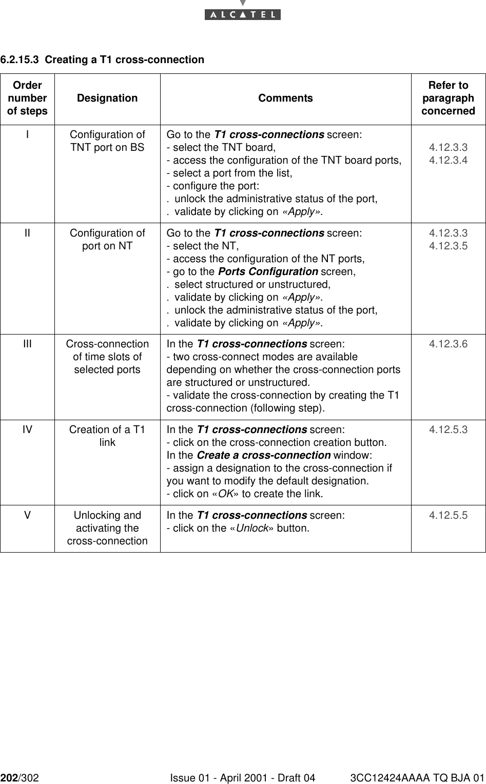 202/302 Issue 01 - April 2001 - Draft 04 3CC12424AAAA TQ BJA 012286.2.15.3 Creating a T1 cross-connectionOrder number of steps Designation Comments Refer to   paragraph concernedI Configuration of TNT port on BS Go to the T1 cross-connections screen:- select the TNT board,- access the configuration of the TNT board ports,- select a port from the list,- configure the port:.unlock the administrative status of the port,.validate by clicking on «Apply».4.12.3.34.12.3.4II Configuration of port on NT Go to the T1 cross-connections screen:- select the NT,- access the configuration of the NT ports,- go to the Ports Configuration screen,.select structured or unstructured,.validate by clicking on «Apply»..unlock the administrative status of the port,.validate by clicking on «Apply».4.12.3.34.12.3.5III Cross-connection of time slots of selected portsIn the T1 cross-connections screen:- two cross-connect modes are available depending on whether the cross-connection ports are structured or unstructured.- validate the cross-connection by creating the T1 cross-connection (following step).4.12.3.6IV Creation of a T1 link In the T1 cross-connections screen:- click on the cross-connection creation button.In the Create a cross-connection window:- assign a designation to the cross-connection if you want to modify the default designation.- click on «OK» to create the link.4.12.5.3V Unlocking andactivating the cross-connectionIn the T1 cross-connections screen:- click on the «Unlock» button. 4.12.5.5