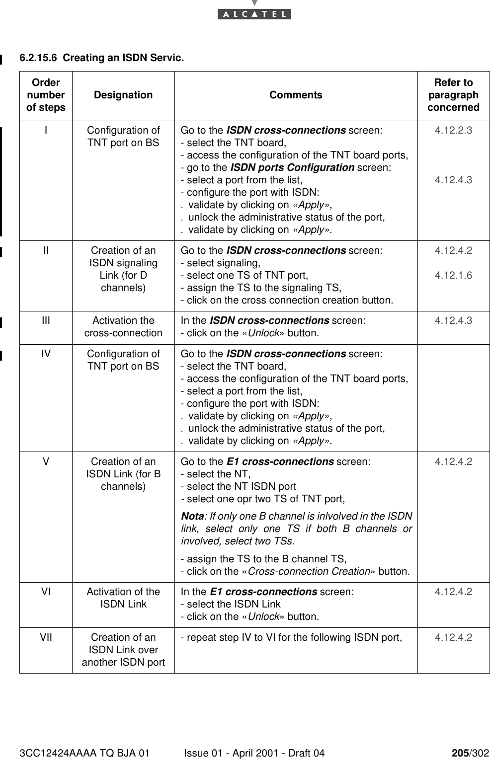 3CC12424AAAA TQ BJA 01 Issue 01 - April 2001 - Draft 04 205/3022286.2.15.6 Creating an ISDN Servic.Order number of steps Designation Comments Refer to   paragraph concernedI Configuration of TNT port on BS Go to the ISDN cross-connections screen:- select the TNT board,- access the configuration of the TNT board ports,- go to the ISDN ports Configuration screen:- select a port from the list,- configure the port with ISDN:.validate by clicking on «Apply»,.unlock the administrative status of the port,.validate by clicking on «Apply».4.12.2.34.12.4.3II Creation of an ISDN signaling Link (for D channels)Go to the ISDN cross-connections screen:- select signaling,- select one TS of TNT port,- assign the TS to the signaling TS,- click on the cross connection creation button.4.12.4.24.12.1.6III Activation the cross-connection In the ISDN cross-connections screen:- click on the «Unlock» button. 4.12.4.3IV Configuration of TNT port on BS Go to the ISDN cross-connections screen:- select the TNT board,- access the configuration of the TNT board ports,- select a port from the list,- configure the port with ISDN:.validate by clicking on «Apply»,.unlock the administrative status of the port,.validate by clicking on «Apply».V Creation of an ISDN Link (for B channels)Go to the E1 cross-connections screen:- select the NT,- select the NT ISDN port- select one opr two TS of TNT port,Nota: If only one B channel is inlvolved in the ISDNlink, select only one TS if both B channels orinvolved, select two TSs.- assign the TS to the B channel TS,- click on the «Cross-connection Creation» button.4.12.4.2VI Activation of the ISDN Link In the E1 cross-connections screen:- select the ISDN Link- click on the «Unlock» button.4.12.4.2VII Creation of an ISDN Link over another ISDN port- repeat step IV to VI for the following ISDN port, 4.12.4.2