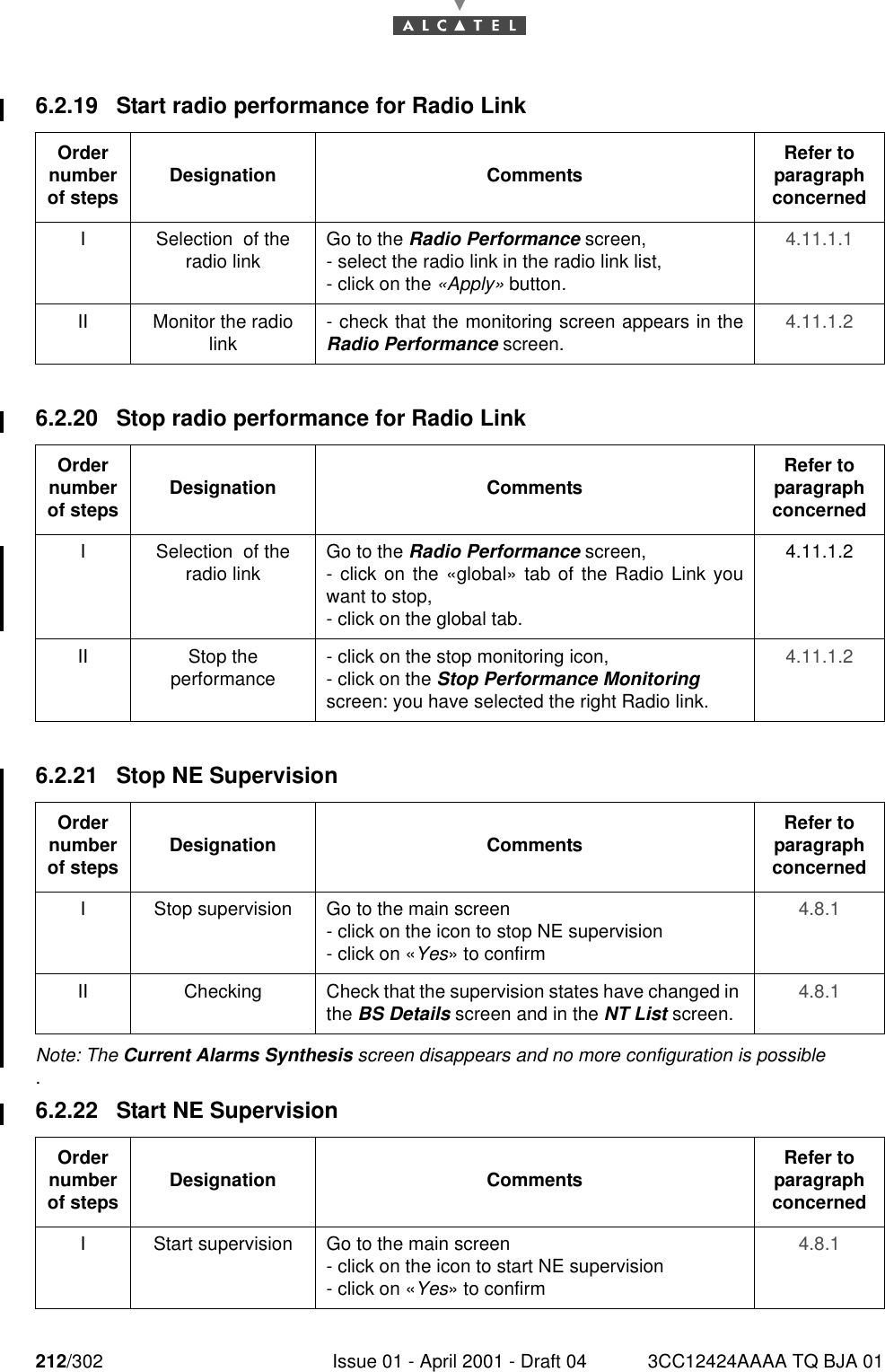 212/302 Issue 01 - April 2001 - Draft 04 3CC12424AAAA TQ BJA 012286.2.19 Start radio performance for Radio Link6.2.20 Stop radio performance for Radio Link6.2.21 Stop NE SupervisionNote: The Current Alarms Synthesis screen disappears and no more configuration is possible.6.2.22 Start NE SupervisionOrder number of steps Designation Comments Refer to   paragraph concernedI Selection  of the radio link  Go to the Radio Performance screen,- select the radio link in the radio link list,- click on the «Apply» button. 4.11.1.1II Monitor the radio link - check that the monitoring screen appears in theRadio Performance screen.   4.11.1.2Order number of steps Designation Comments Refer to   paragraph concernedI Selection  of the radio link Go to the Radio Performance screen,- click on the «global» tab of the Radio Link youwant to stop,- click on the global tab.4.11.1.2II Stop the performance - click on the stop monitoring icon,- click on the Stop Performance Monitoring screen: you have selected the right Radio link. 4.11.1.2Order number of steps Designation Comments Refer to   paragraph concernedI Stop supervision Go to the main screen- click on the icon to stop NE supervision- click on «Yes» to confirm4.8.1II Checking Check that the supervision states have changed in the BS Details screen and in the NT List screen.  4.8.1Order number of steps Designation Comments Refer to   paragraph concernedI Start supervision Go to the main screen- click on the icon to start NE supervision- click on «Yes» to confirm4.8.1