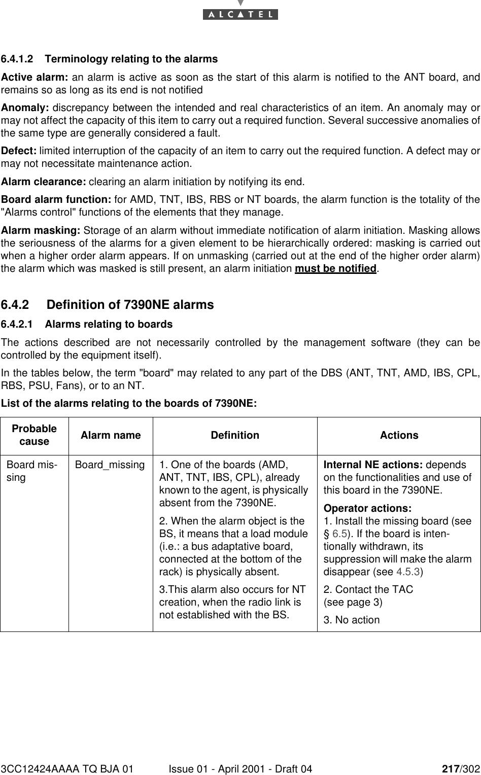 3CC12424AAAA TQ BJA 01 Issue 01 - April 2001 - Draft 04 217/3022286.4.1.2 Terminology relating to the alarmsActive alarm: an alarm is active as soon as the start of this alarm is notified to the ANT board, andremains so as long as its end is not notifiedAnomaly: discrepancy between the intended and real characteristics of an item. An anomaly may ormay not affect the capacity of this item to carry out a required function. Several successive anomalies ofthe same type are generally considered a fault.Defect: limited interruption of the capacity of an item to carry out the required function. A defect may ormay not necessitate maintenance action.Alarm clearance: clearing an alarm initiation by notifying its end.Board alarm function: for AMD, TNT, IBS, RBS or NT boards, the alarm function is the totality of the&quot;Alarms control&quot; functions of the elements that they manage.Alarm masking: Storage of an alarm without immediate notification of alarm initiation. Masking allowsthe seriousness of the alarms for a given element to be hierarchically ordered: masking is carried outwhen a higher order alarm appears. If on unmasking (carried out at the end of the higher order alarm)the alarm which was masked is still present, an alarm initiation must be notified.6.4.2 Definition of 7390NE alarms6.4.2.1 Alarms relating to boardsThe actions described are not necessarily controlled by the management software (they can becontrolled by the equipment itself).In the tables below, the term &quot;board&quot; may related to any part of the DBS (ANT, TNT, AMD, IBS, CPL,RBS, PSU, Fans), or to an NT.List of the alarms relating to the boards of 7390NE:Probable cause Alarm name Definition ActionsBoard mis-sing Board_missing 1. One of the boards (AMD, ANT, TNT, IBS, CPL), already known to the agent, is physically absent from the 7390NE.2. When the alarm object is the BS, it means that a load module (i.e.: a bus adaptative board, connected at the bottom of the rack) is physically absent.3.This alarm also occurs for NT creation, when the radio link is not established with the BS.Internal NE actions: depends on the functionalities and use of this board in the 7390NE.Operator actions:1. Install the missing board (see § 6.5). If the board is inten-tionally withdrawn, its suppression will make the alarm disappear (see 4.5.3)2. Contact the TAC(see page 3)3. No action