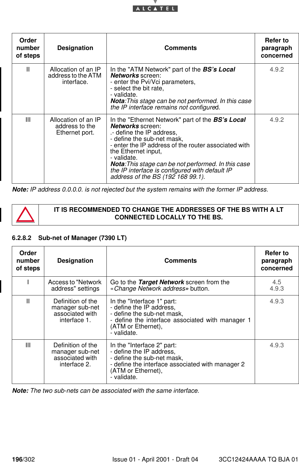 196/302 Issue 01 - April 2001 - Draft 04 3CC12424AAAA TQ BJA 01228Note: IP address 0.0.0.0. is not rejected but the system remains with the former IP address.6.2.8.2 Sub-net of Manager (7390 LT)Note: The two sub-nets can be associated with the same interface.II Allocation of an IP address to the ATM interface.In the &quot;ATM Network&quot; part of the BS’s Local Networks screen:- enter the Pvi/Vci parameters,- select the bit rate,- validate.Nota:This stage can be not performed. In this casethe IP interface remains not configured.4.9.2III Allocation of an IP address to the Ethernet port.In the &quot;Ethernet Network&quot; part of the BS’s Local Networks screen:.- define the IP address,- define the sub-net mask,- enter the IP address of the router associated with the Ethernet input,- validate.Nota:This stage can be not performed. In this case the IP interface is configured with default IP address of the BS (192 168 99.1).4.9.2IT IS RECOMMENDED TO CHANGE THE ADDRESSES OF THE BS WITH A LT CONNECTED LOCALLY TO THE BS.Order number of steps Designation Comments Refer to  paragraph concernedI Access to &quot;Network address&quot; settings Go to the Target Network screen from the «Change Network address» button. 4.54.9.3II Definition of the manager sub-net associated with interface 1.In the &quot;Interface 1&quot; part:- define the IP address,- define the sub-net mask,- define the interface associated with manager 1(ATM or Ethernet),- validate.4.9.3III Definition of the manager sub-net associated with interface 2.In the &quot;Interface 2&quot; part:- define the IP address,- define the sub-net mask,- define the interface associated with manager 2 (ATM or Ethernet),- validate.4.9.3Order number of steps Designation Comments Refer to   paragraph concerned