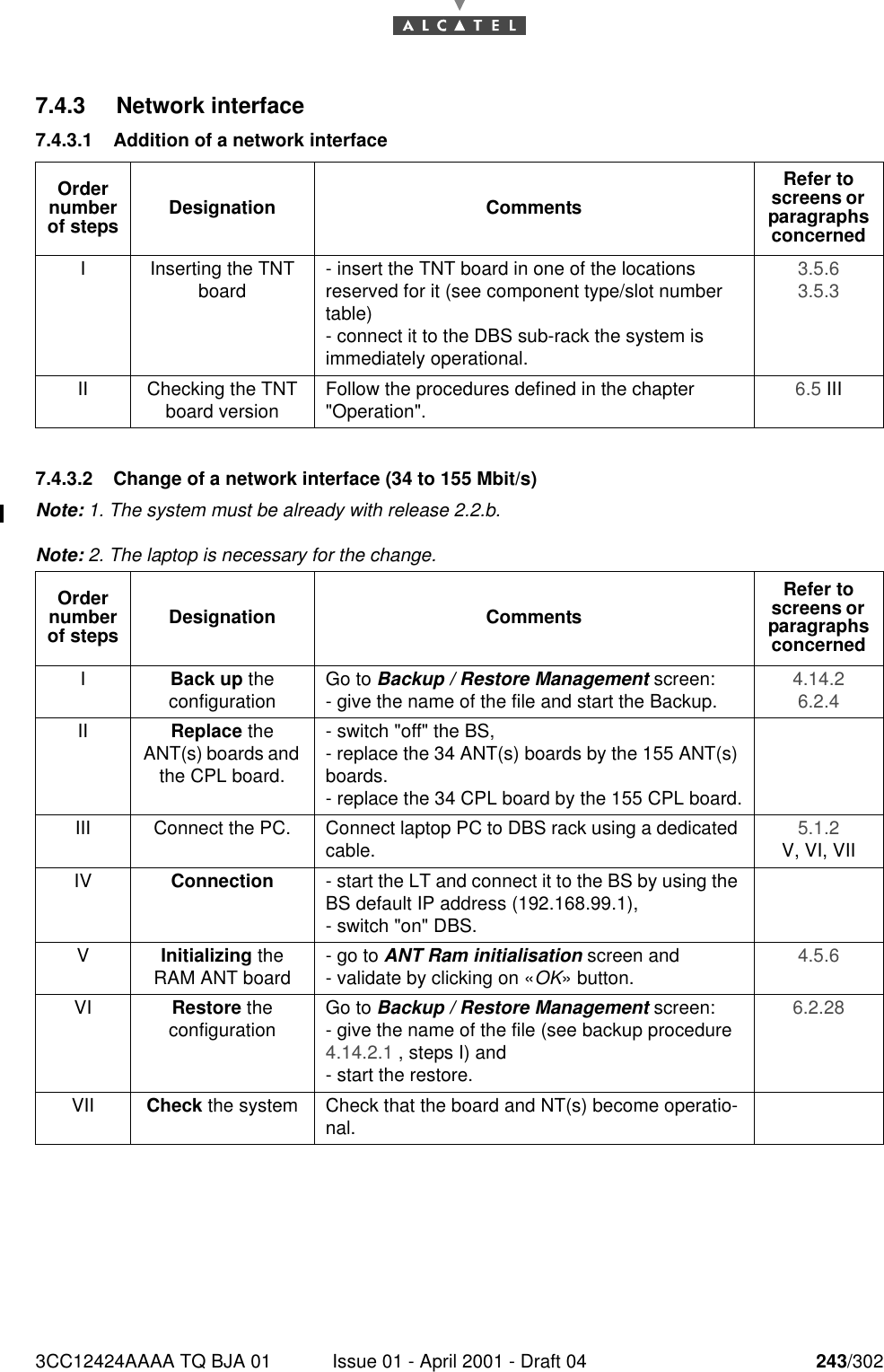 3CC12424AAAA TQ BJA 01 Issue 01 - April 2001 - Draft 04 243/3022467.4.3 Network interface7.4.3.1 Addition of a network interface7.4.3.2 Change of a network interface (34 to 155 Mbit/s)Note: 1. The system must be already with release 2.2.b.Note: 2. The laptop is necessary for the change.Order number of steps Designation CommentsRefer to screens or  paragraphs concernedI Inserting the TNT board - insert the TNT board in one of the locations reserved for it (see component type/slot number table)- connect it to the DBS sub-rack the system is immediately operational.3.5.6 3.5.3 II Checking the TNT board version Follow the procedures defined in the chapter &quot;Operation&quot;. 6.5 IIIOrder number of steps Designation CommentsRefer to screens or  paragraphs concernedIBack up theconfiguration Go to Backup / Restore Management screen:- give the name of the file and start the Backup. 4.14.2 6.2.4 II Replace the ANT(s) boards and the CPL board.- switch &quot;off&quot; the BS,- replace the 34 ANT(s) boards by the 155 ANT(s) boards.- replace the 34 CPL board by the 155 CPL board.III Connect the PC. Connect laptop PC to DBS rack using a dedicated cable. 5.1.2 V, VI, VIIIV Connection - start the LT and connect it to the BS by using the BS default IP address (192.168.99.1),- switch &quot;on&quot; DBS.VInitializing the RAM ANT board - go to ANT Ram initialisation screen and- validate by clicking on «OK» button. 4.5.6 VI Restore theconfiguration Go to Backup / Restore Management screen:- give the name of the file (see backup procedure 4.14.2.1 , steps I) and- start the restore.6.2.28 VII Check the system Check that the board and NT(s) become operatio-nal.