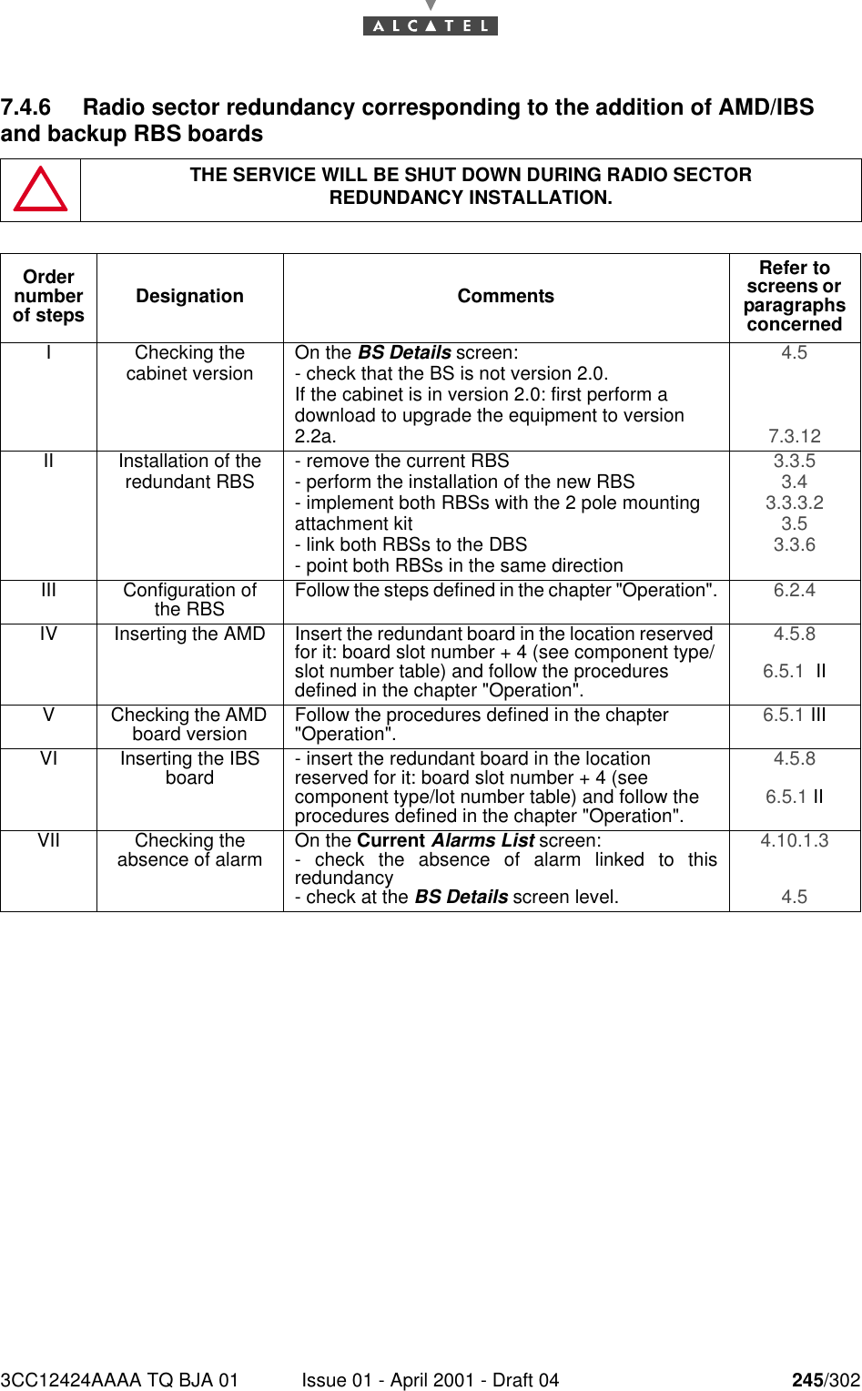 3CC12424AAAA TQ BJA 01 Issue 01 - April 2001 - Draft 04 245/3022467.4.6 Radio sector redundancy corresponding to the addition of AMD/IBS and backup RBS boardsTHE SERVICE WILL BE SHUT DOWN DURING RADIO SECTORREDUNDANCY INSTALLATION.Order number of steps Designation CommentsRefer to screens or  paragraphs concernedI Checking thecabinet version On the BS Details screen:- check that the BS is not version 2.0.If the cabinet is in version 2.0: first perform a download to upgrade the equipment to version 2.2a.4.5 7.3.12 II Installation of the redundant RBS - remove the current RBS- perform the installation of the new RBS- implement both RBSs with the 2 pole mounting attachment kit- link both RBSs to the DBS- point both RBSs in the same direction3.3.5 3.4 3.3.3.2 3.5 3.3.6 III Configuration of the RBS Follow the steps defined in the chapter &quot;Operation&quot;. 6.2.4 IV Inserting the AMD Insert the redundant board in the location reserved for it: board slot number + 4 (see component type/slot number table) and follow the procedures defined in the chapter &quot;Operation&quot;.4.5.8 6.5.1  IIV Checking the AMD board version Follow the procedures defined in the chapter &quot;Operation&quot;. 6.5.1 IIIVI Inserting the IBS board - insert the redundant board in the location reserved for it: board slot number + 4 (see component type/lot number table) and follow the procedures defined in the chapter &quot;Operation&quot;.4.5.8 6.5.1 IIVII Checking the absence of alarm On the Current Alarms List screen:- check the absence of alarm linked to thisredundancy- check at the BS Details screen level.4.10.1.3 4.5 