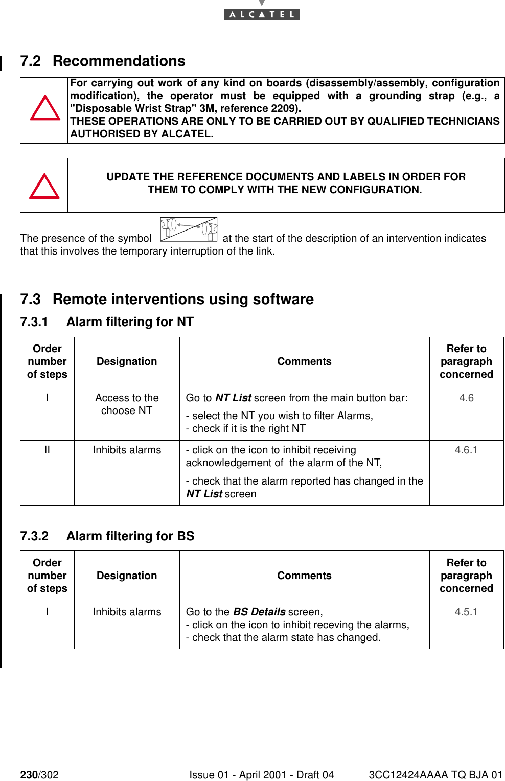 230/302 Issue 01 - April 2001 - Draft 04 3CC12424AAAA TQ BJA 012467.2 RecommendationsThe presence of the symbol   at the start of the description of an intervention indicatesthat this involves the temporary interruption of the link.7.3 Remote interventions using software7.3.1 Alarm filtering for NT7.3.2 Alarm filtering for BSFor carrying out work of any kind on boards (disassembly/assembly, configurationmodification), the operator must be equipped with a grounding strap (e.g., a&quot;Disposable Wrist Strap&quot; 3M, reference 2209).THESE OPERATIONS ARE ONLY TO BE CARRIED OUT BY QUALIFIED TECHNICIANSAUTHORISED BY ALCATEL.UPDATE THE REFERENCE DOCUMENTS AND LABELS IN ORDER FORTHEM TO COMPLY WITH THE NEW CONFIGURATION.Order number of steps Designation Comments Refer to   paragraph concernedI Access to the choose NT Go to NT List screen from the main button bar:- select the NT you wish to filter Alarms,- check if it is the right NT4.6II Inhibits alarms - click on the icon to inhibit receiving acknowledgement of  the alarm of the NT,- check that the alarm reported has changed in theNT List screen4.6.1Order number of steps Designation Comments Refer to   paragraph concernedI Inhibits alarms Go to the BS Details screen,- click on the icon to inhibit receving the alarms, - check that the alarm state has changed.4.5.1