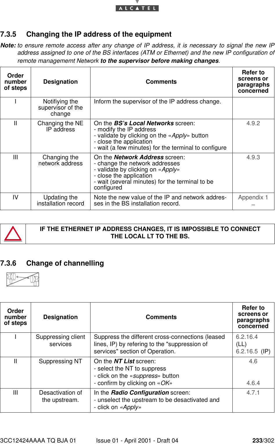 3CC12424AAAA TQ BJA 01 Issue 01 - April 2001 - Draft 04 233/3022467.3.5 Changing the IP address of the equipmentNote: to ensure remote access after any change of IP address, it is necessary to signal the new IPaddress assigned to one of the BS interfaces (ATM or Ethernet) and the new IP configuration ofremote managememt Network to the supervisor before making changes.7.3.6 Change of channellingOrder number of steps Designation CommentsRefer to screens or  paragraphs concernedI Notifiying the supervisor of the changeInform the supervisor of the IP address change.II Changing the NE IP address On the BS’s Local Networks screen:- modify the IP address- validate by clicking on the «Apply» button- close the application- wait (a few minutes) for the terminal to configure4.9.2 III Changing the network address On the Network Address screen:- change the network addresses- validate by clicking on «Apply»- close the application- wait (several minutes) for the terminal to be configured4.9.3 IV Updating theinstallation record Note the new value of the IP and network addres-ses in the BS installation record. Appendix 1 – IF THE ETHERNET IP ADDRESS CHANGES, IT IS IMPOSSIBLE TO CONNECTTHE LOCAL LT TO THE BS.Order number of steps Designation CommentsRefer to screens or  paragraphs concernedI Suppressing client services Suppress the different cross-connections (leased lines, IP) by refering to the &quot;suppression of services&quot; section of Operation.6.2.16.4(LL)6.2.16.5  (IP)II Suppressing NT On the NT List screen:- select the NT to suppress- click on the «suppress» button- confirm by clicking on «OK»4.6 4.6.4 III Desactivation of the upstream. In the Radio Configuration screen:- unselect the upstream to be desactivated and- click on «Apply»4.7.1 