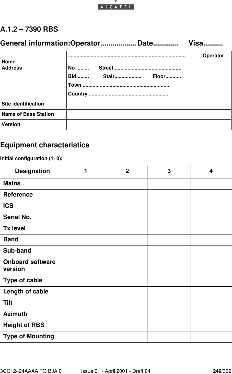 3CC12424AAAA TQ BJA 01 Issue 01 - April 2001 - Draft 04 249/302252A.1.2 – 7390 RBSGeneral information:Operator.................. Date............. Visa..........Equipment characteristicsInitial configuration (1+0):NameAddress...................................................................................No .........       Street................................................Bld.........          Stair...................        Floor...........Town .............................................................Country .........................................................OperatorSite identificationName of Base StationVersionDesignation 1 2 3 4MainsReferenceICSSerial No.Tx levelBandSub-bandOnboard software versionType of cableLength of cableTiltAzimuthHeight of RBSType of Mounting