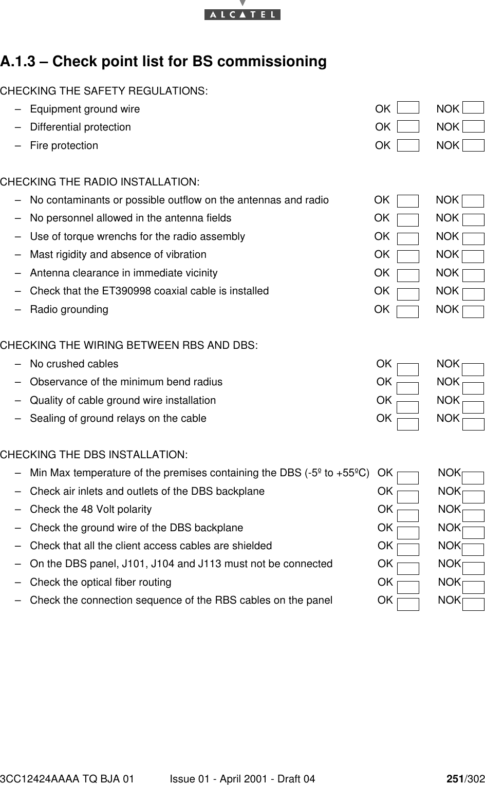 3CC12424AAAA TQ BJA 01 Issue 01 - April 2001 - Draft 04 251/302252A.1.3 – Check point list for BS commissioningCHECKING THE SAFETY REGULATIONS:–Equipment ground wire OK NOK–Differential protection OK NOK–Fire protection OK NOKCHECKING THE RADIO INSTALLATION:–No contaminants or possible outflow on the antennas and radio OK NOK–No personnel allowed in the antenna fields OK NOK–Use of torque wrenchs for the radio assembly OK NOK–Mast rigidity and absence of vibration OK NOK–Antenna clearance in immediate vicinity OK NOK–Check that the ET390998 coaxial cable is installed OK NOK–Radio grounding OK NOKCHECKING THE WIRING BETWEEN RBS AND DBS:–No crushed cables OK NOK–Observance of the minimum bend radius OK NOK–Quality of cable ground wire installation OK NOK–Sealing of ground relays on the cable OK NOKCHECKING THE DBS INSTALLATION:–Min Max temperature of the premises containing the DBS (-5º to +55ºC) OK NOK–Check air inlets and outlets of the DBS backplane  OK  NOK–Check the 48 Volt polarity  OK  NOK–Check the ground wire of the DBS backplane  OK  NOK–Check that all the client access cables are shielded  OK  NOK–On the DBS panel, J101, J104 and J113 must not be connected  OK  NOK–Check the optical fiber routing  OK  NOK–Check the connection sequence of the RBS cables on the panel  OK  NOK