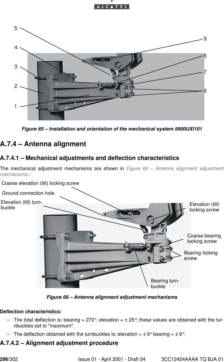 296/302 Issue 01 - April 2001 - Draft 04 3CC12424AAAA TQ BJA 01298Figure 65 – Installation and orientation of the mechanical system 9900UXI101A.7.4 – Antenna alignmentA.7.4.1 – Mechanical adjustments and deflection characteristicsThe mechanical adjustment mechanisms are shown in Figure 66 – Antenna alignment adjustmentmechanisms :Figure 66 – Antenna alignment adjustment mechanismsDeflection characteristics:–The total deflection is: bearing = 270°, elevation = ± 25°; these values are obtained with the tur-nbuckles set to &quot;maximum&quot;.–The deflection obtained with the turnbuckles is: elevation = ± 9° bearing = ± 9°.A.7.4.2 – Alignment adjustment procedure247389651Coarse elevation (tilt) locking screwCoarse bearinglocking screwBearing lockingscrewBearing turn-buckleGround connection holeElevation (tilt) turn-buckle Elevation (tilt)locking screw