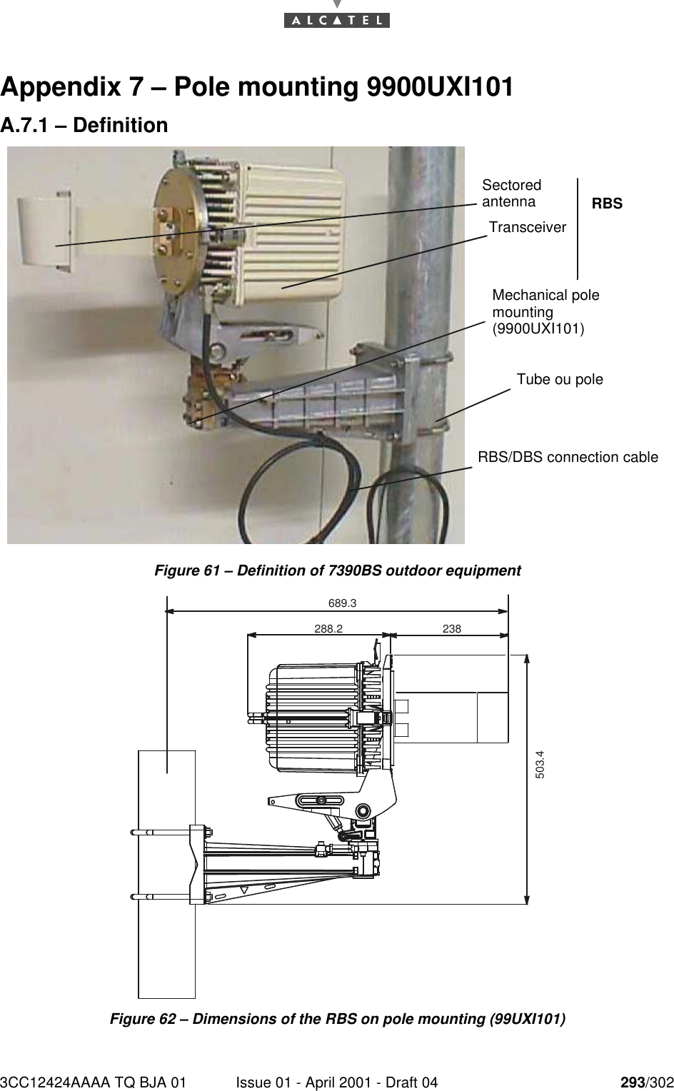 3CC12424AAAA TQ BJA 01 Issue 01 - April 2001 - Draft 04 293/302298Appendix 7 – Pole mounting 9900UXI101A.7.1 – DefinitionFigure 61 – Definition of 7390BS outdoor equipmentFigure 62 – Dimensions of the RBS on pole mounting (99UXI101)SectoredantennaTransceiverTube ou poleRBS/DBS connection cableMechanical polemounting(9900UXI101)RBS288.2 238689.3503.4