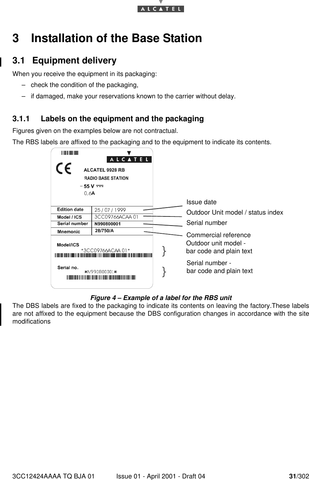 3CC12424AAAA TQ BJA 01 Issue 01 - April 2001 - Draft 04 31/302763 Installation of the Base Station3.1 Equipment deliveryWhen you receive the equipment in its packaging:–check the condition of the packaging,–if damaged, make your reservations known to the carrier without delay.3.1.1 Labels on the equipment and the packagingFigures given on the examples below are not contractual.The RBS labels are affixed to the packaging and to the equipment to indicate its contents.Figure 4 – Example of a label for the RBS unitThe DBS labels are fixed to the packaging to indicate its contents on leaving the factory.These labelsare not affixed to the equipment because the DBS configuration changes in accordance with the sitemodifications``Issue dateOutdoor Unit model / status indexSerial numberCommercial referenceOutdoor unit model -bar code and plain textSerial number -bar code and plain text