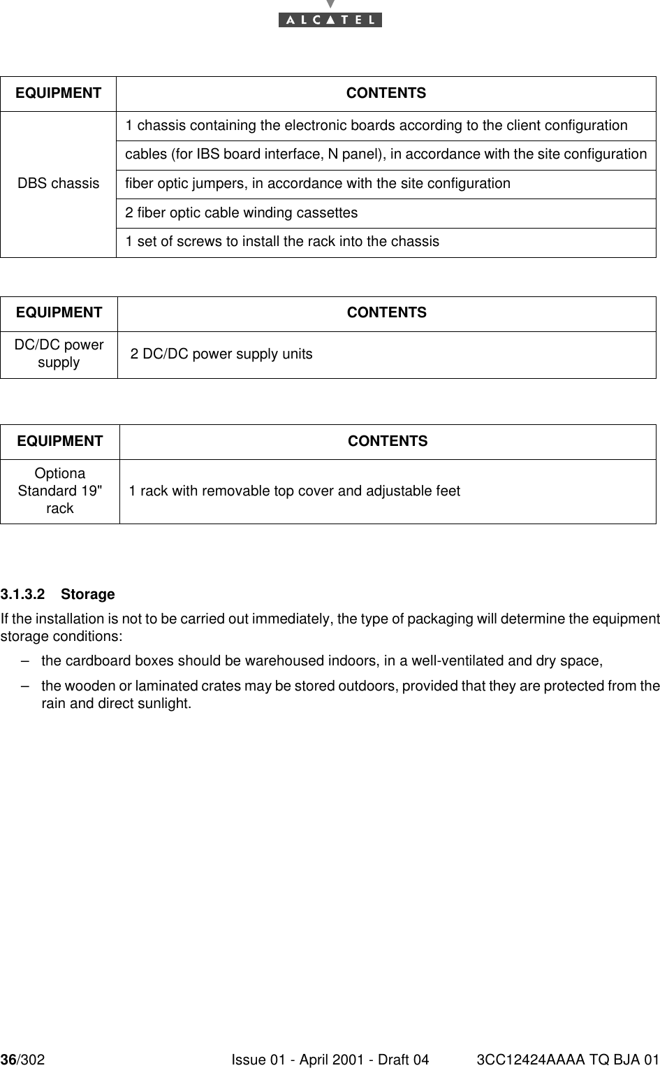 36/302 Issue 01 - April 2001 - Draft 04 3CC12424AAAA TQ BJA 01763.1.3.2 StorageIf the installation is not to be carried out immediately, the type of packaging will determine the equipmentstorage conditions:–the cardboard boxes should be warehoused indoors, in a well-ventilated and dry space,–the wooden or laminated crates may be stored outdoors, provided that they are protected from therain and direct sunlight.EQUIPMENT CONTENTSDBS chassis1 chassis containing the electronic boards according to the client configurationcables (for IBS board interface, N panel), in accordance with the site configurationfiber optic jumpers, in accordance with the site configuration2 fiber optic cable winding cassettes1 set of screws to install the rack into the chassisEQUIPMENT CONTENTSDC/DC power supply  2 DC/DC power supply unitsEQUIPMENT CONTENTSOptionaStandard 19&quot;rack 1 rack with removable top cover and adjustable feet