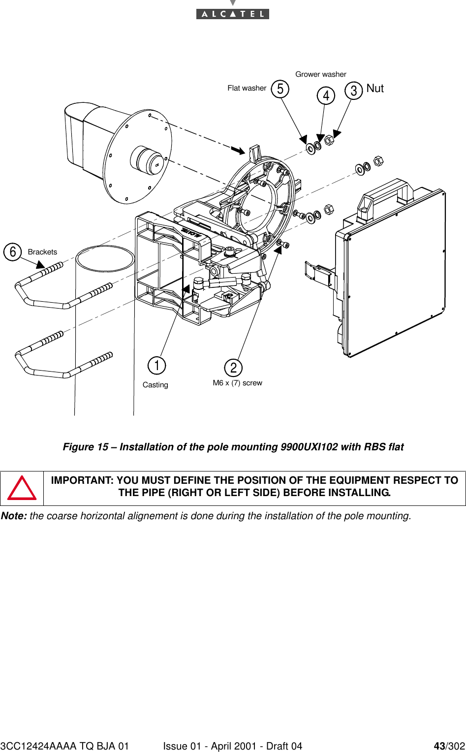 3CC12424AAAA TQ BJA 01 Issue 01 - April 2001 - Draft 04 43/30276Figure 15 – Installation of the pole mounting 9900UXI102 with RBS flatNote: the coarse horizontal alignement is done during the installation of the pole mounting.IMPORTANT: YOU MUST DEFINE THE POSITION OF THE EQUIPMENT RESPECT TO THE PIPE (RIGHT OR LEFT SIDE) BEFORE INSTALLING.NutGrower washerFlat washer3451 M6 x (7) screwCasting 2Brackets6