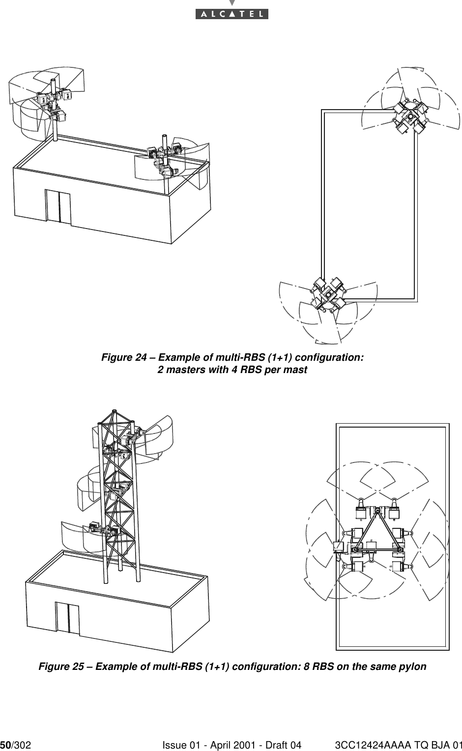 50/302 Issue 01 - April 2001 - Draft 04 3CC12424AAAA TQ BJA 0176Figure 24 – Example of multi-RBS (1+1) configuration:2 masters with 4 RBS per mastFigure 25 – Example of multi-RBS (1+1) configuration: 8 RBS on the same pylon