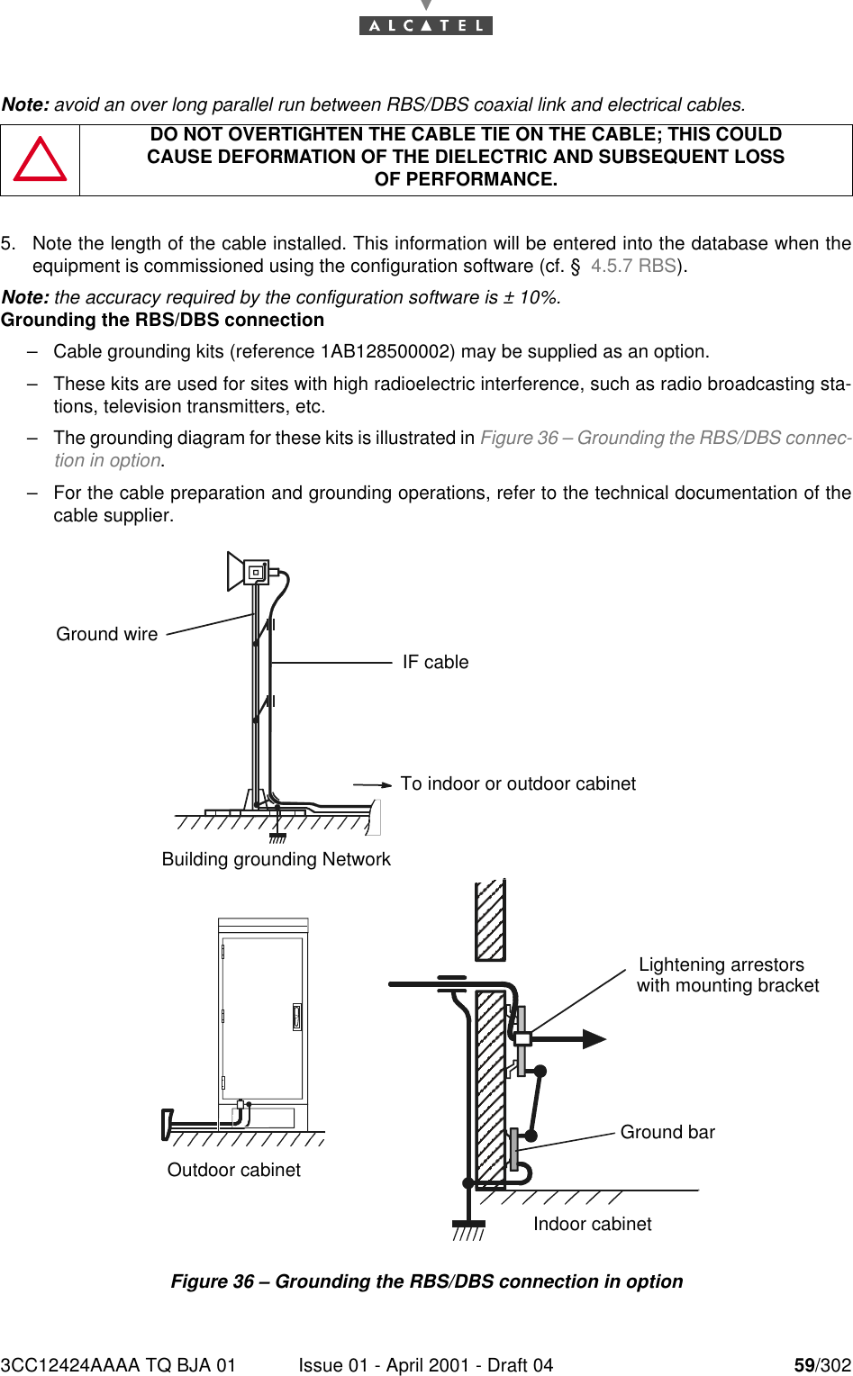 3CC12424AAAA TQ BJA 01 Issue 01 - April 2001 - Draft 04 59/30276Note: avoid an over long parallel run between RBS/DBS coaxial link and electrical cables.5. Note the length of the cable installed. This information will be entered into the database when theequipment is commissioned using the configuration software (cf. §  4.5.7 RBS).Note: the accuracy required by the configuration software is ± 10%.Grounding the RBS/DBS connection–Cable grounding kits (reference 1AB128500002) may be supplied as an option.–These kits are used for sites with high radioelectric interference, such as radio broadcasting sta-tions, television transmitters, etc.–The grounding diagram for these kits is illustrated in Figure 36 – Grounding the RBS/DBS connec-tion in option.–For the cable preparation and grounding operations, refer to the technical documentation of thecable supplier.Figure 36 – Grounding the RBS/DBS connection in optionDO NOT OVERTIGHTEN THE CABLE TIE ON THE CABLE; THIS COULDCAUSE DEFORMATION OF THE DIELECTRIC AND SUBSEQUENT LOSSOF PERFORMANCE.IF cable Ground wire Building grounding NetworkOutdoor cabinet To indoor or outdoor cabinet Ground barLightening arrestors with mounting bracket Indoor cabinet