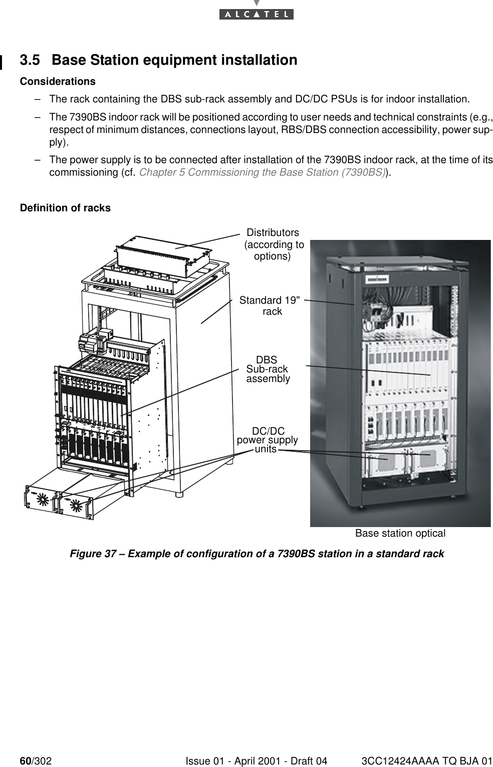 60/302 Issue 01 - April 2001 - Draft 04 3CC12424AAAA TQ BJA 01763.5 Base Station equipment installationConsiderations–The rack containing the DBS sub-rack assembly and DC/DC PSUs is for indoor installation.–The 7390BS indoor rack will be positioned according to user needs and technical constraints (e.g.,respect of minimum distances, connections layout, RBS/DBS connection accessibility, power sup-ply).–The power supply is to be connected after installation of the 7390BS indoor rack, at the time of itscommissioning (cf. Chapter 5 Commissioning the Base Station (7390BS)).Definition of racksFigure 37 – Example of configuration of a 7390BS station in a standard rackDistributors(according to options)  Standard 19&quot; rackDBS Sub-rack assembly  DC/DC power supply units Base station optical