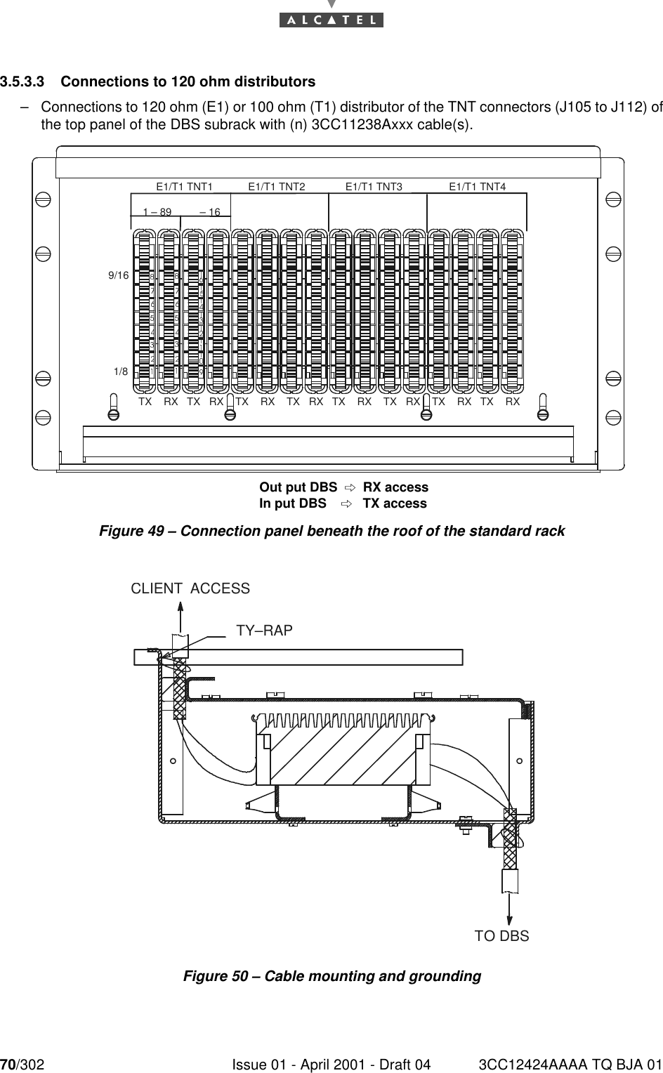 70/302 Issue 01 - April 2001 - Draft 04 3CC12424AAAA TQ BJA 01763.5.3.3 Connections to 120 ohm distributors–Connections to 120 ohm (E1) or 100 ohm (T1) distributor of the TNT connectors (J105 to J112) ofthe top panel of the DBS subrack with (n) 3CC11238Axxx cable(s).Figure 49 – Connection panel beneath the roof of the standard rackFigure 50 – Cable mounting and grounding1/89/161 – 89  – 16E1/T1 TNT1 E1/T1 TNT2 E1/T1 TNT3 E1/T1 TNT4TX    RX   TX   RX    TX    RX    TX   RX   TX    RX    TX   RX    TX    RX   TX    RXOut put DBSRX accessIn put DBS       TX accessTY–RAPCLIENT  ACCESSTO DBS