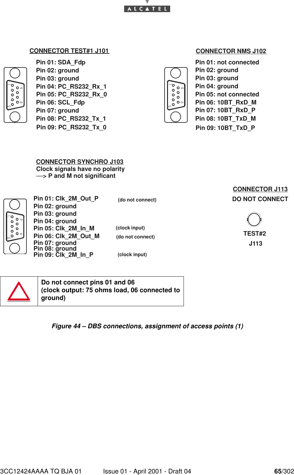 3CC12424AAAA TQ BJA 01 Issue 01 - April 2001 - Draft 04 65/30276Figure 44 – DBS connections, assignment of access points (1)Do not connect pins 01 and 06(clock output: 75 ohms load, 06 connected to ground)Pin 01: not connectedPin 02: groundPin 03: groundPin 05: not connectedPin 07: 10BT_RxD_PPin 08: 10BT_TxD_MPin 04: groundPin 06: 10BT_RxD_MCONNECTOR NMS J102Pin 01: SDA_FdpPin 02: groundPin 03: groundPin 07: groundPin 08: PC_RS232_Tx_1Pin 04: PC_RS232_Rx_1Pin 06: SCL_FdpCONNECTOR TEST#1 J101Pin 05: PC_RS232_Rx_0Pin 09: PC_RS232_Tx_0 Pin 09: 10BT_TxD_PPin 01: Clk_2M_Out_PPin 02: groundPin 03: groundPin 05: Clk_2M_In_MPin 07: groundPin 08: groundPin 04: groundPin 06: Clk_2M_Out_MPin 09: Clk_2M_In_PCONNECTOR SYNCHRO J103(do not connect)(do not connect)TEST#2J113CONNECTOR J113DO NOT CONNECTClock signals have no polarity––&gt; P and M not significant(clock input)(clock input)