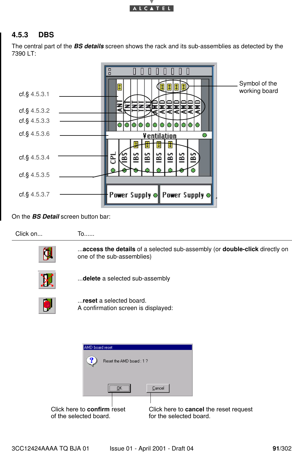 3CC12424AAAA TQ BJA 01 Issue 01 - April 2001 - Draft 04 91/3021824.5.3 DBSThe central part of the BS details screen shows the rack and its sub-assemblies as detected by the 7390 LT:On the BS Detail screen button bar:Click on... To.........access the details of a selected sub-assembly (or double-click directly onone of the sub-assemblies)...delete a selected sub-assembly...reset a selected board.A confirmation screen is displayed:cf.§ 4.5.3.1cf.§ 4.5.3.2cf.§ 4.5.3.3cf.§ 4.5.3.6cf.§ 4.5.3.4cf.§ 4.5.3.5cf.§ 4.5.3.7Symbol of the working board 