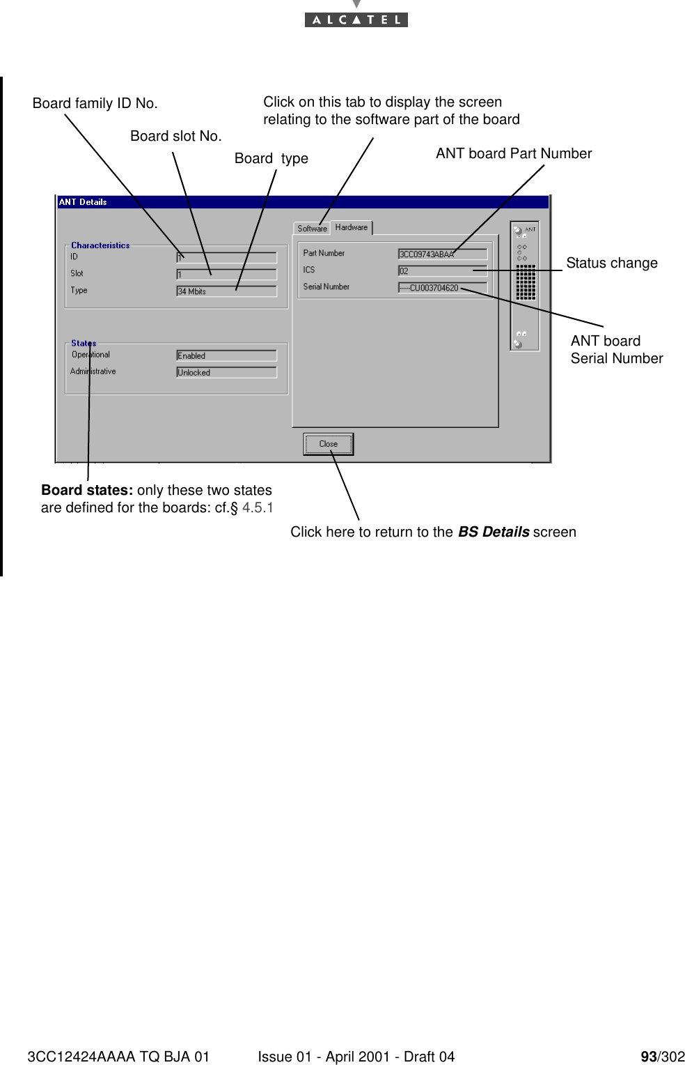 3CC12424AAAA TQ BJA 01 Issue 01 - April 2001 - Draft 04 93/302182Click on this tab to display the screen relating to the software part of the board Click here to return to the BS Details screenBoard slot No.Board states: only these two states are defined for the boards: cf.§ 4.5.1Board  type ANT board Part Number Board family ID No.ANT board Serial Number Status change